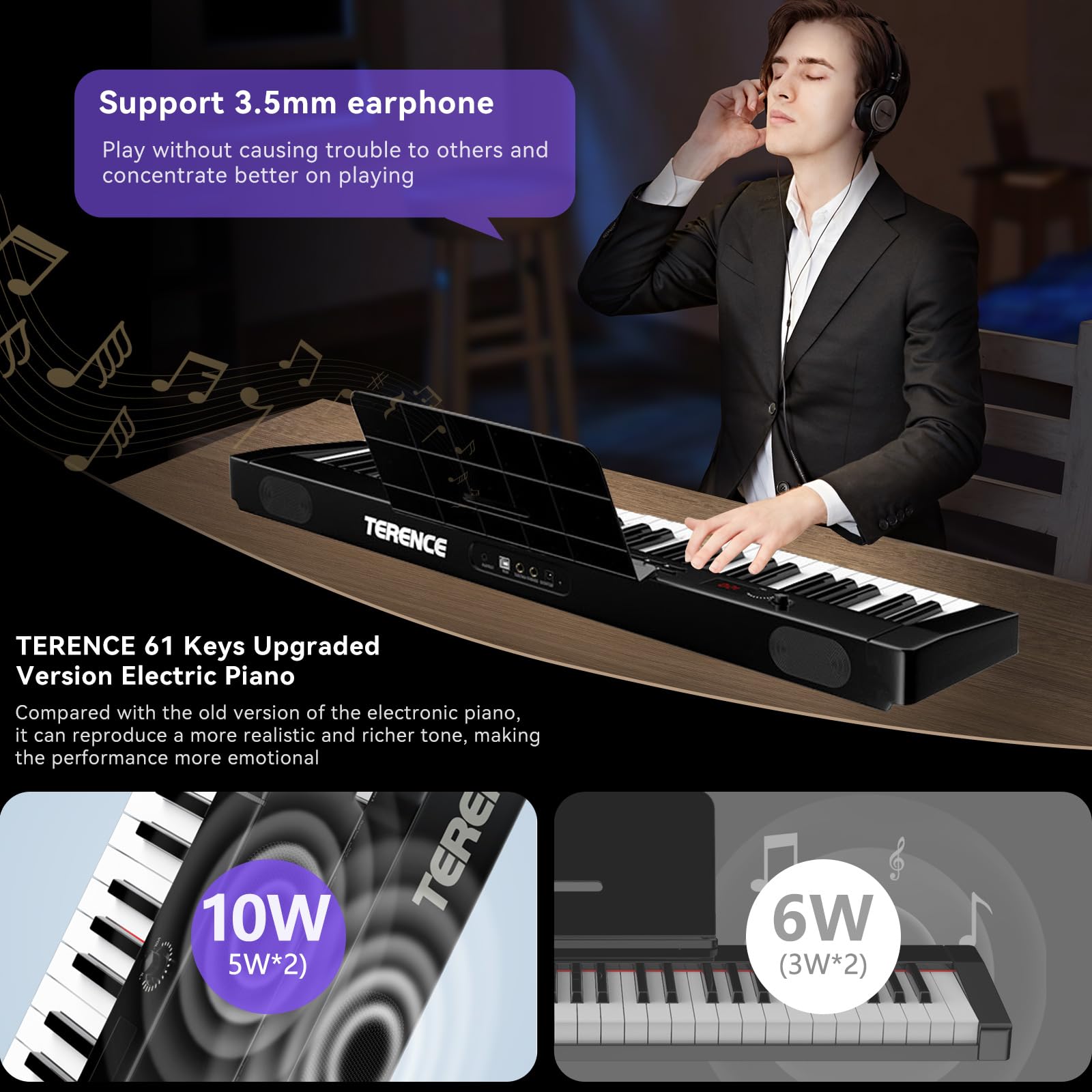 TERENCE 61-Key Digital Piano Keyboard with Semi-Weighted Keys, LCD Display, Stand & Accessories - Portable Electronic Piano for Beginners, Home Practice & Music Lessons (Includes Power Supply, Music Stand & Headphones) - Perfect for Living Room, Bedroom & Small Spaces