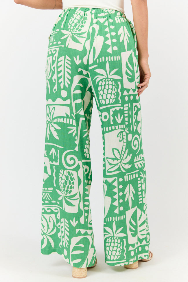 Women's Island Escape Green Printed Pull On Pants - Comfortable Elastic Waist Lounge Pants for Yoga, Travel & Home Relaxation
