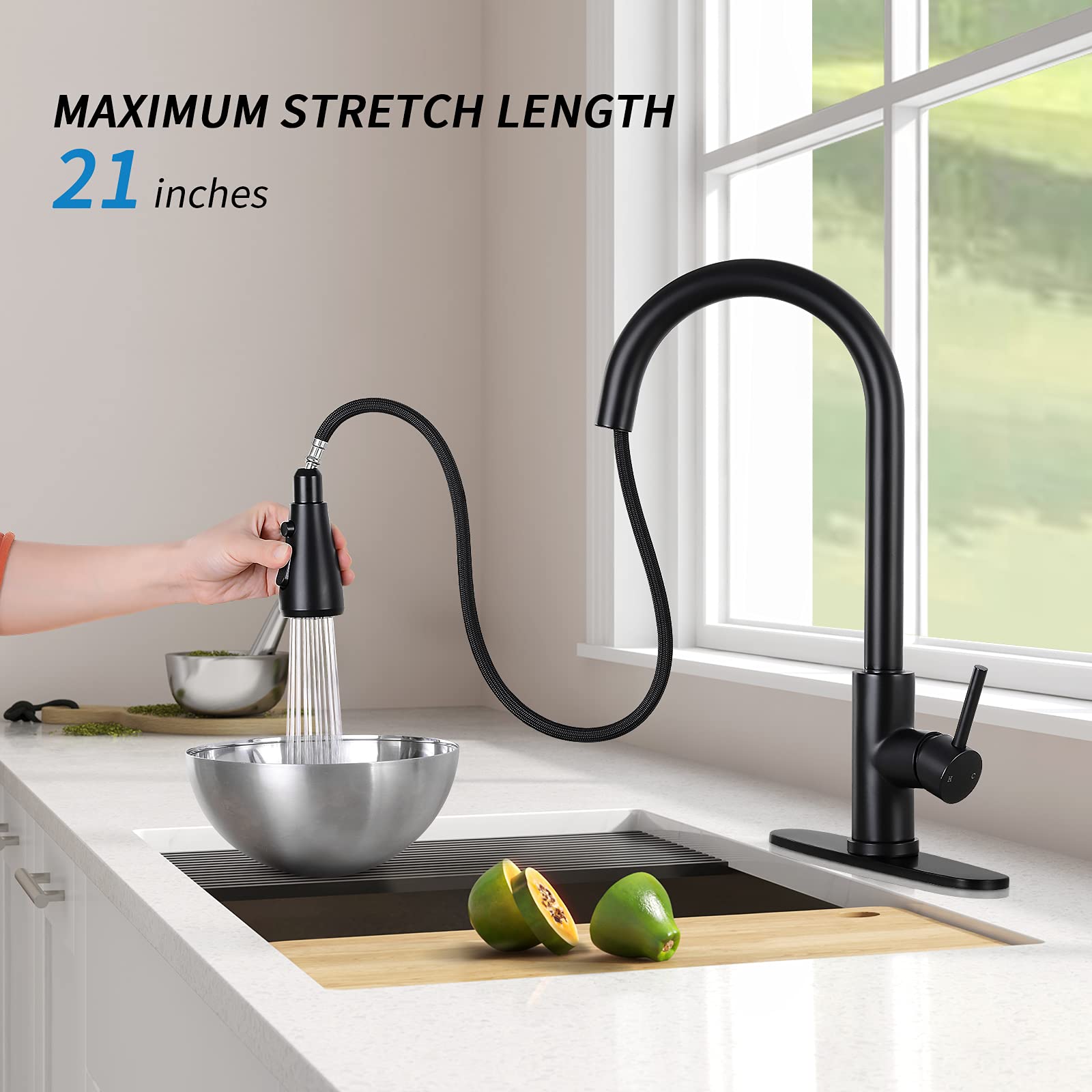 Premium Matte Black Stainless Steel Kitchen Faucet with Pull Down Sprayer - Single Handle High Arc Design for Modern Sinks | Ideal for Cooking, Washing Dishes & Food Prep
