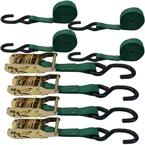 4 Pack 1 Inch Heavy Duty Green Ratchet Straps with Coated S Hooks - Secure Cargo for Trucks, Trailers & Moving - Perfect for Tie Down, Transport & Storage