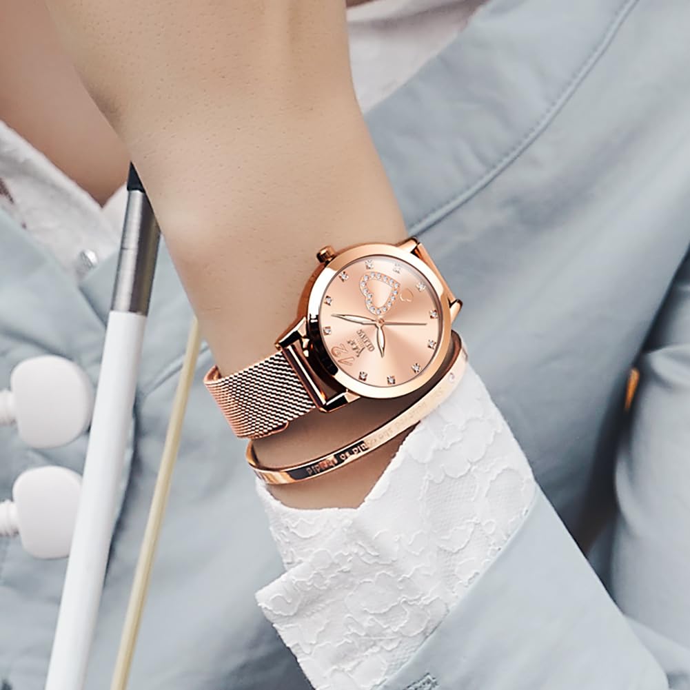 OLEVS Women's Rose Gold Minimalist Analog Quartz Watch with Bracelet Set - Slim Casual Dress Wristwatch, Waterproof Two-Tone for Ladies - Perfect for Everyday Wear, Office, and Special Occasions