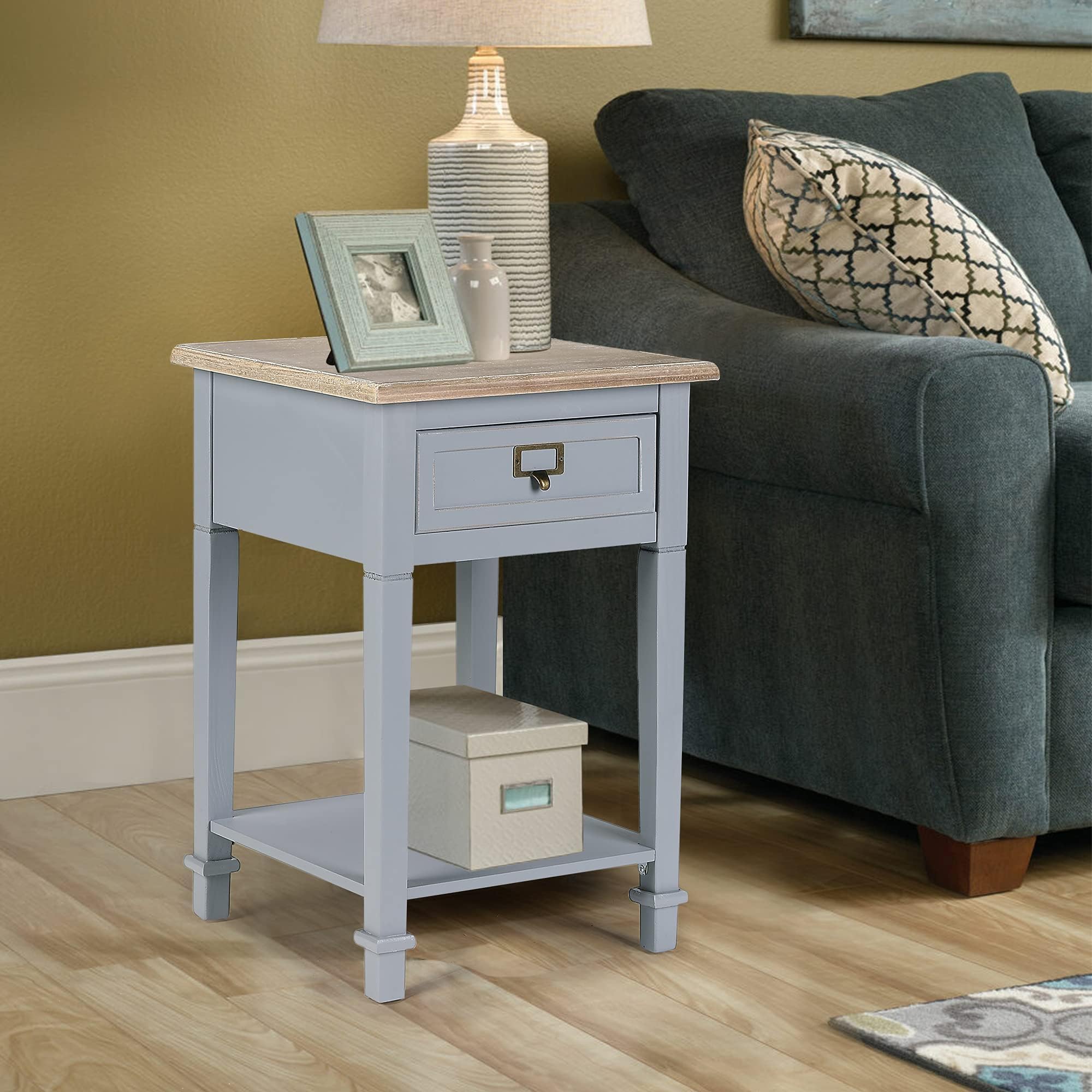 Rustic Farmhouse Wooden End Table with Drawers and Open Shelf - Handcrafted Nightstand for Living Room, Bedroom - Set of 2, Natural Wood Finish - Perfect for Home Decor and Small Space Storage