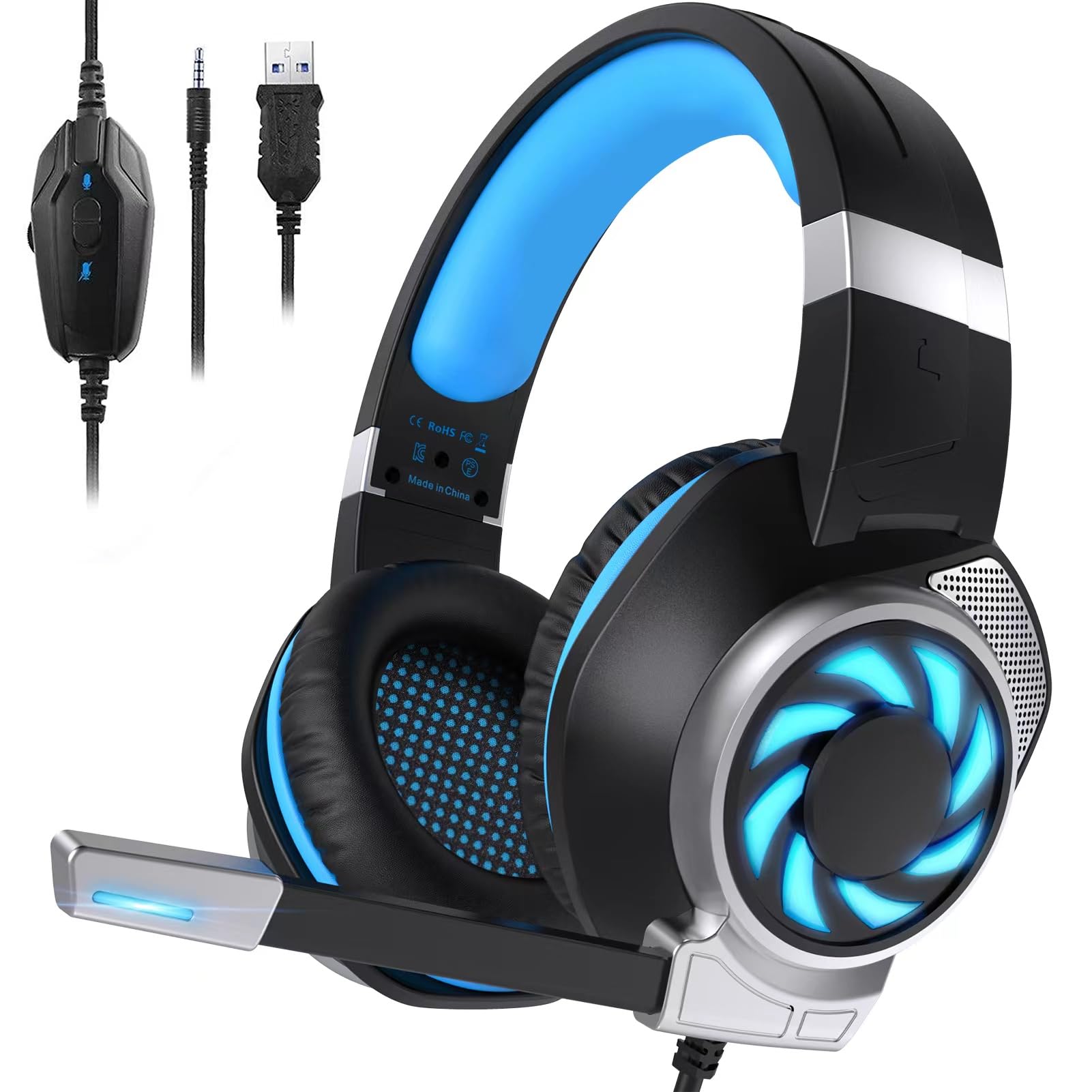 Premium Gaming Headset for PS5, PS4, Xbox One, PC, Mac, Nintendo Switch - Noise Cancelling Over-Ear Headphones with Mic, Deep Bass & Soft Memory Earmuffs (Blue) - Perfect for Online Gaming, Streaming & Virtual Meetings