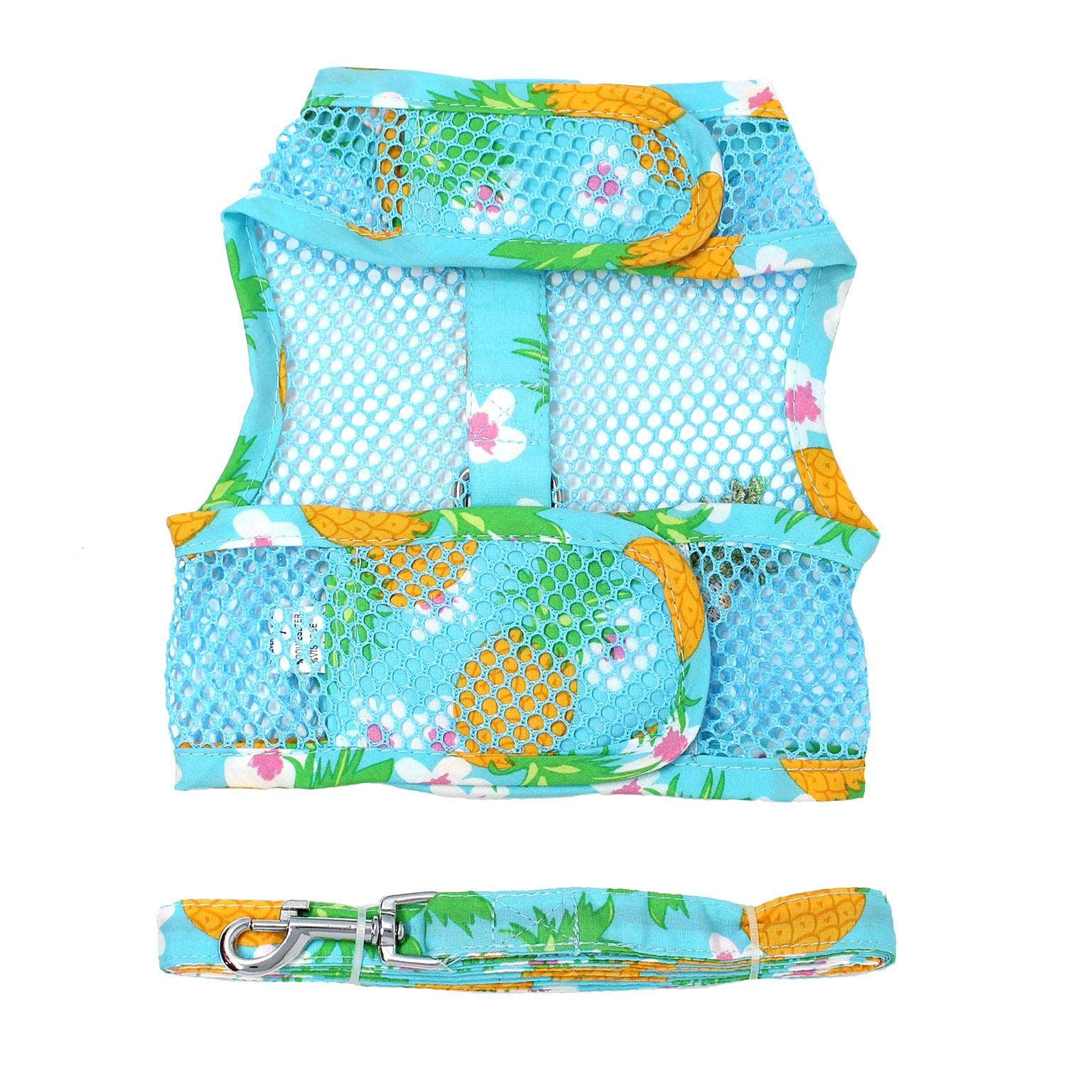 DOGGIE DESIGN Cool Mesh Dog Harness with Leash - Breathable Pineapple Luau Print Adjustable Pet Vest (Medium) - Perfect for Summer Walks, Beach Outings & Tropical Vacations