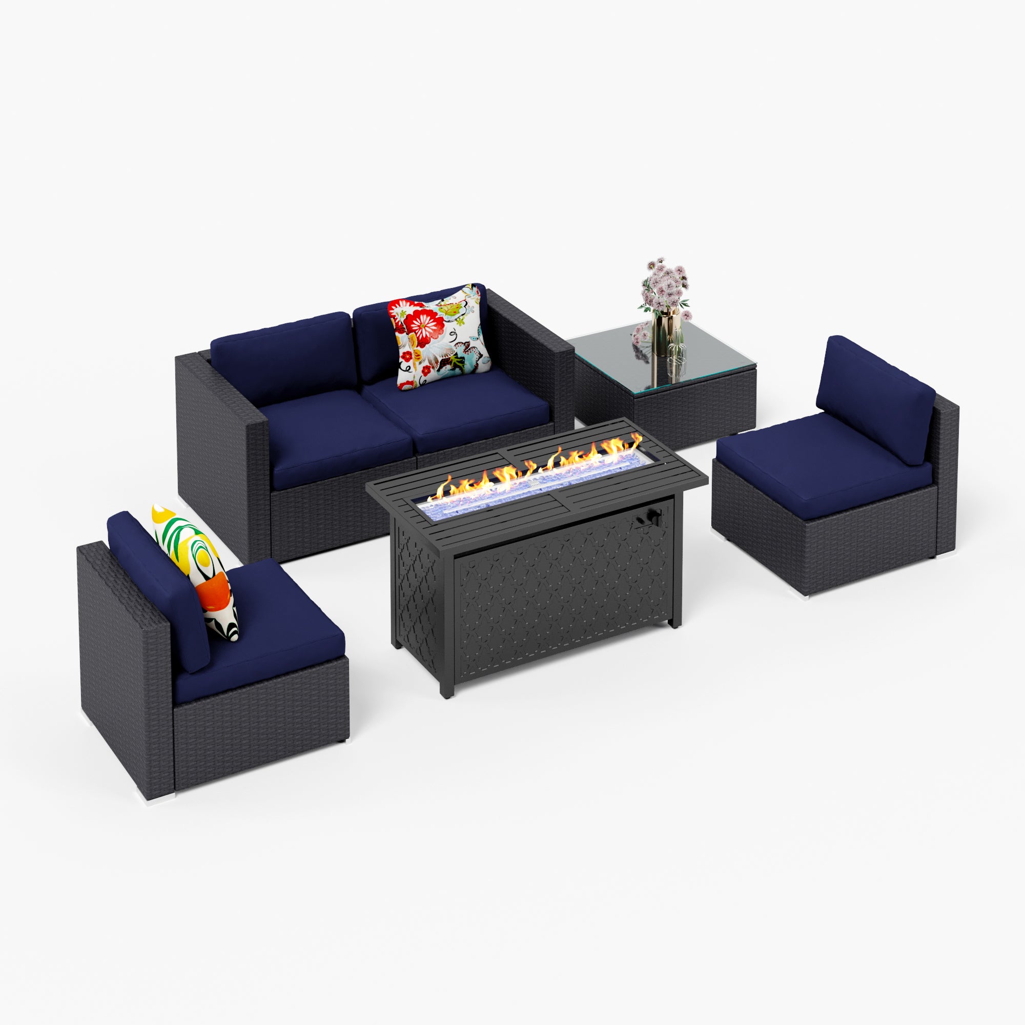 PHI VILLA Outdoor Rattan Wicker Sectional Sofa Set with 50,000 BTU Gas Fire Pit Table - DIY Patio Furniture for Backyard, Garden & Poolside (45