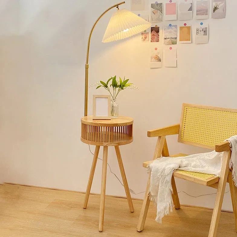 Modern Wooden Arched Floor Lamp with Side Table - Adjustable Standing Light for Living Room, Bedroom & Office - Warm Ambient Lighting for Reading & Relaxation