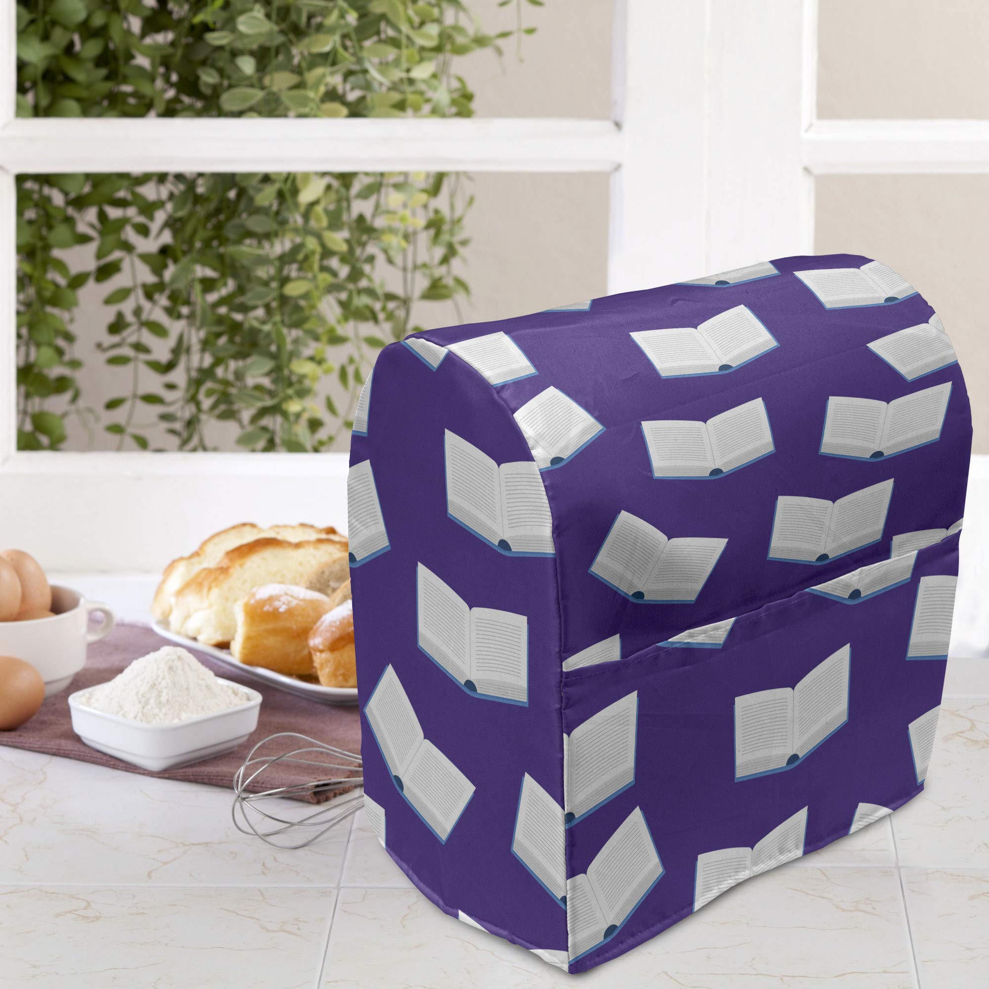 Ambesonne 6-8 Quart Stand Mixer Cover - Library Book Design, Kitchen Appliance Organizer with Pocket - Perfect for Baking Enthusiasts & Home Chefs - Indigo White and Blue