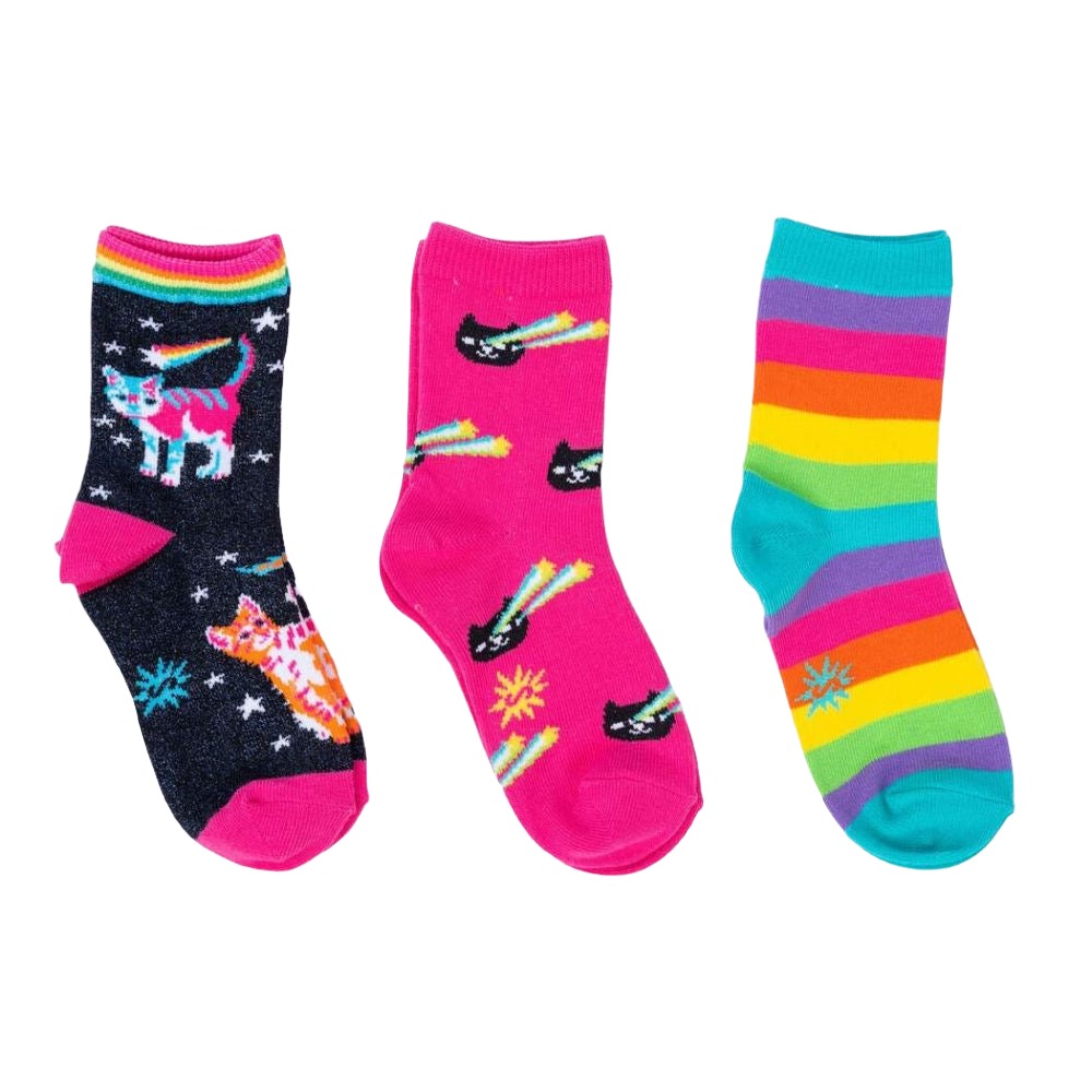 Space Cats Kids Crew Socks 3-Pack - Fun & Comfortable Socks for Boys & Girls - Perfect for School, Play & Everyday Wear
