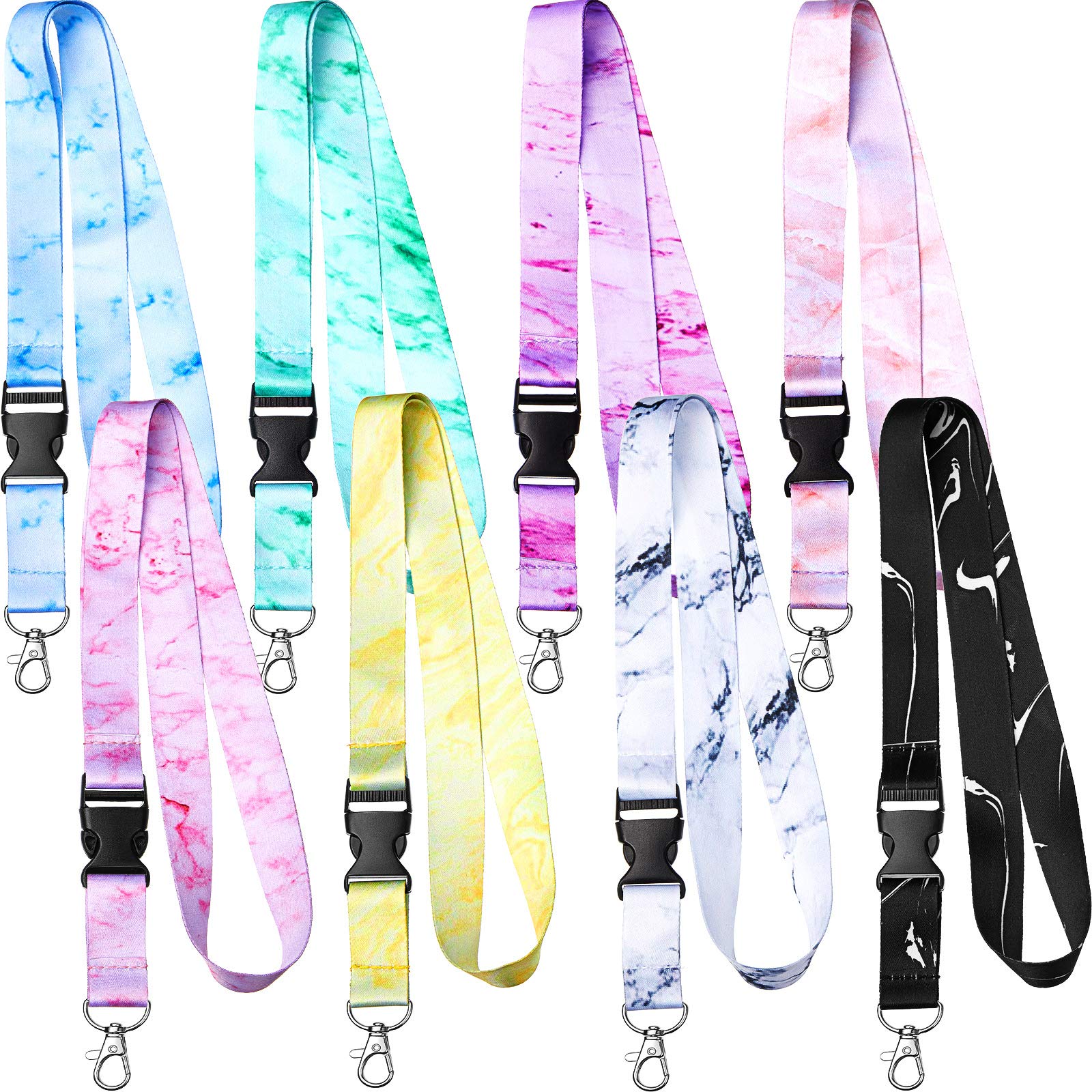 8 Pack Marble Print Key Lanyards - ID Badge Holder Neck Strap & Wristlet for Women & Men - Office, School, Event, Work Security Accessories (Multi-Color)