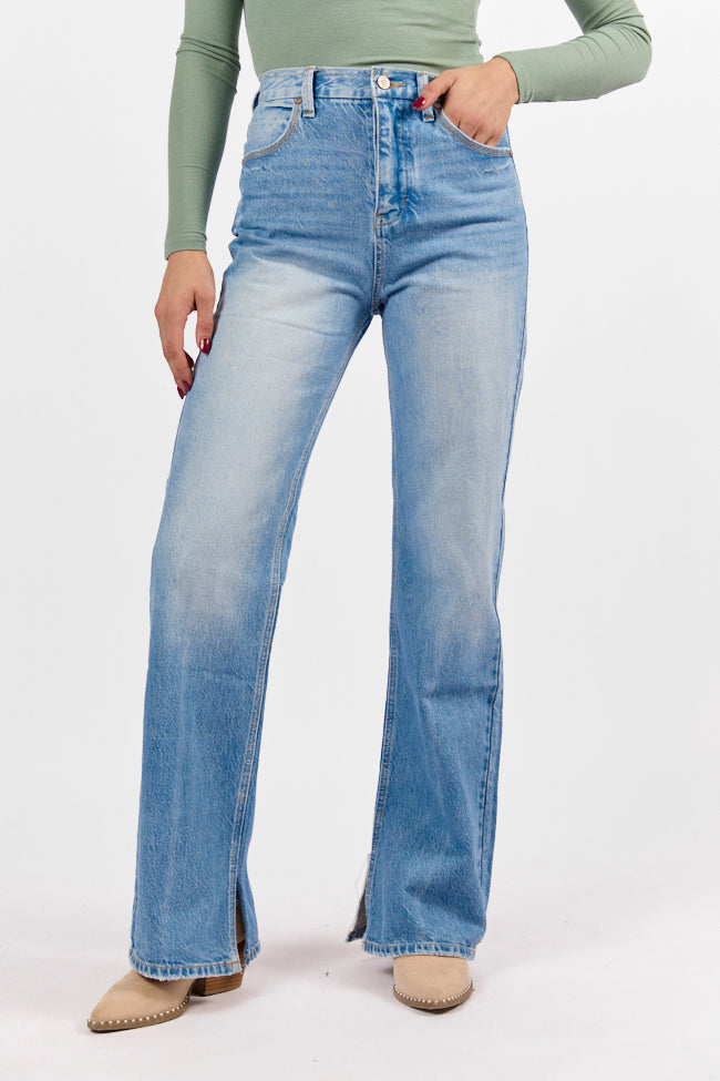 Emily Light Wash 90's Flare Split Hem Wide Leg Jeans for Women - Vintage High Waisted Denim Pants with Distressed Details | Perfect for Casual Outfits, Date Nights & Retro Fashion Looks
