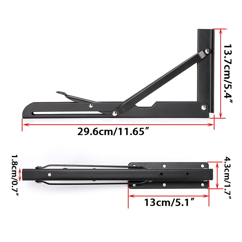 Heavy Duty Metal Folding Shelf Brackets 12 Inch - 2 Pack Black Triangle Wall Mounted Hinges for Tables, Benches & Shelves | Sturdy Support for Home, Garage & Workshop Organization