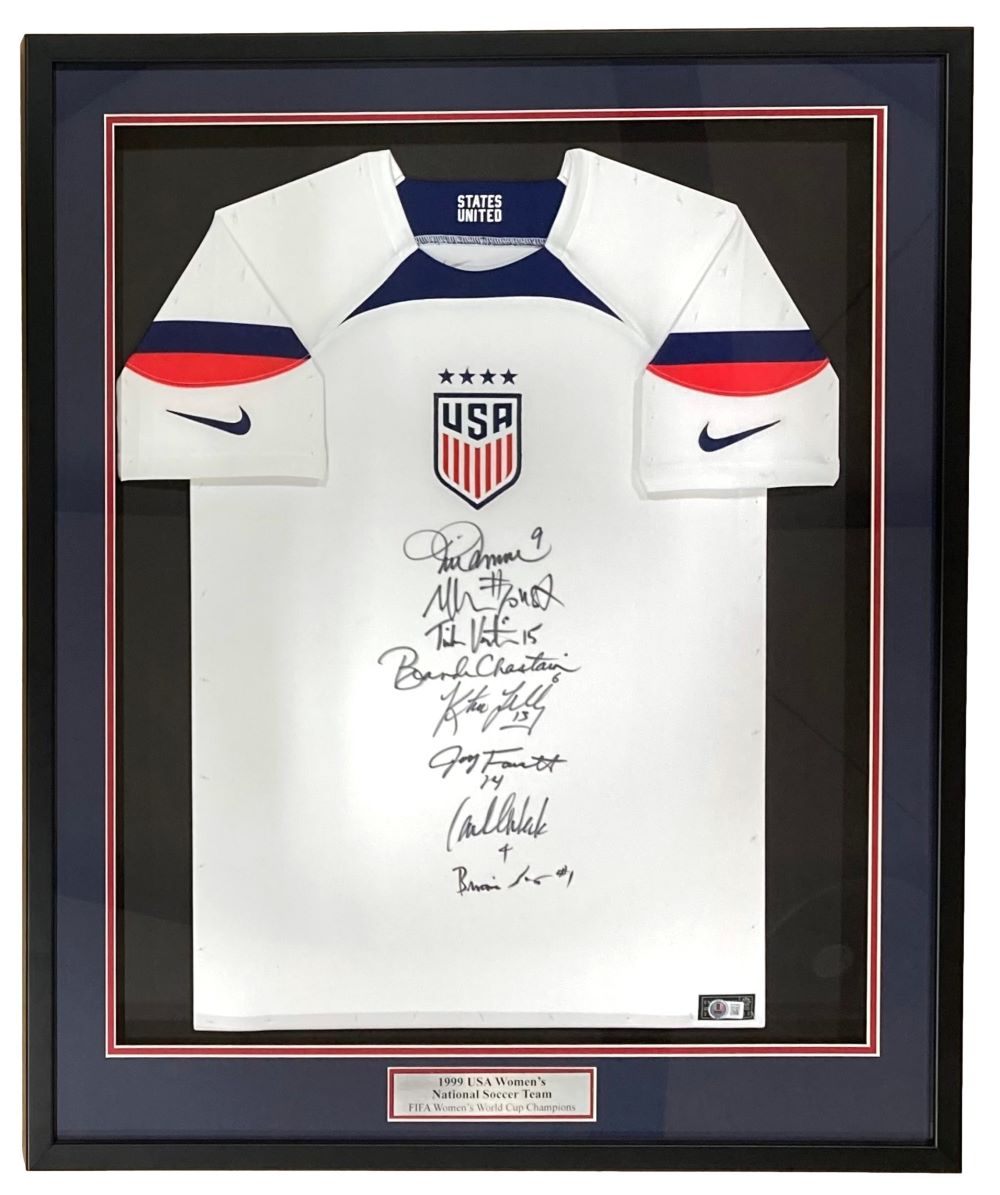 Authentic 1999 USA Women's World Cup Winning Team Signed Nike Soccer Jersey - Framed Memorabilia with COA - Perfect for Sports Fans, Collectors & Home/Office Decor
