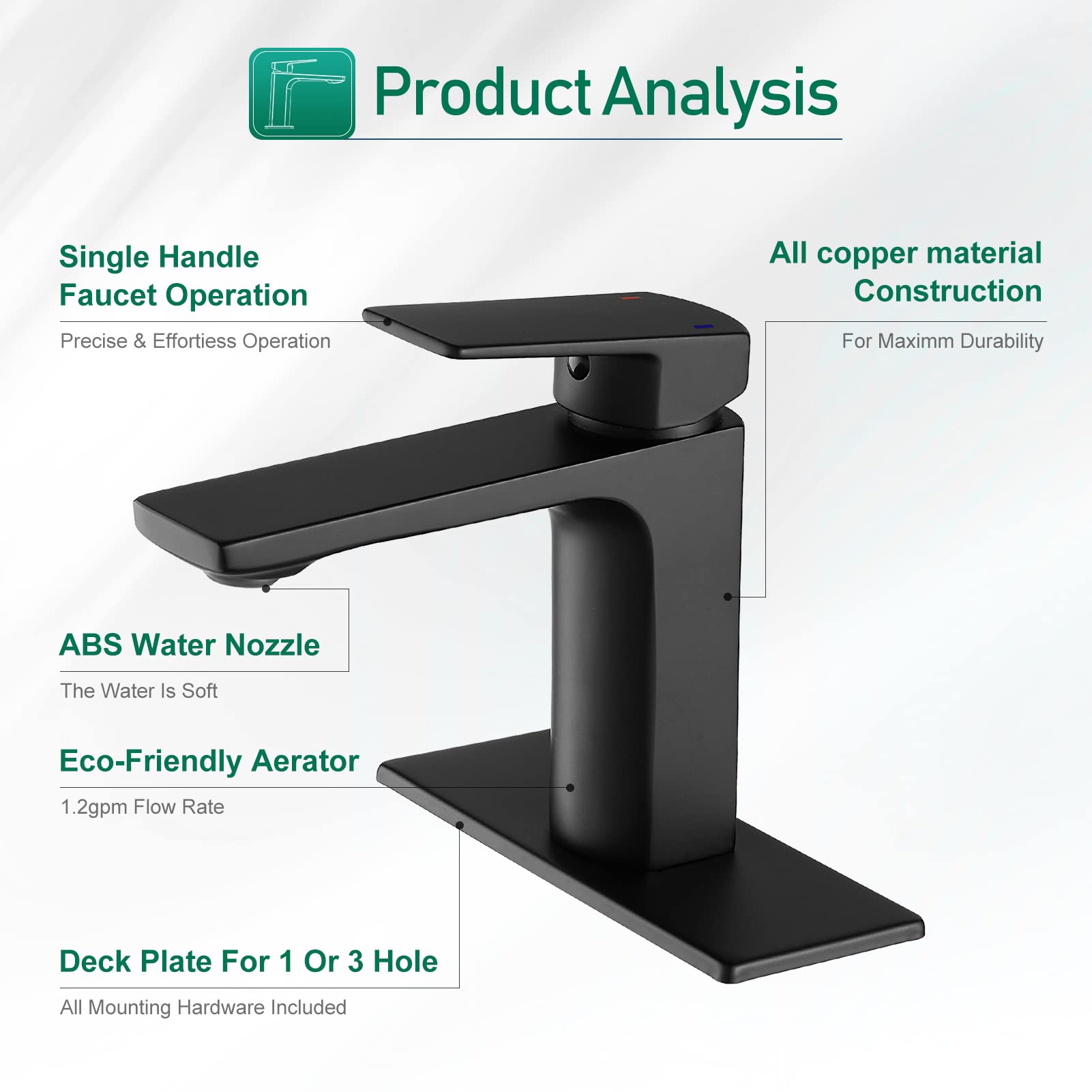 VOTON Matte Black Bathroom Faucet - Single Handle Sink Faucet with Deck Plate for Home & RV Use