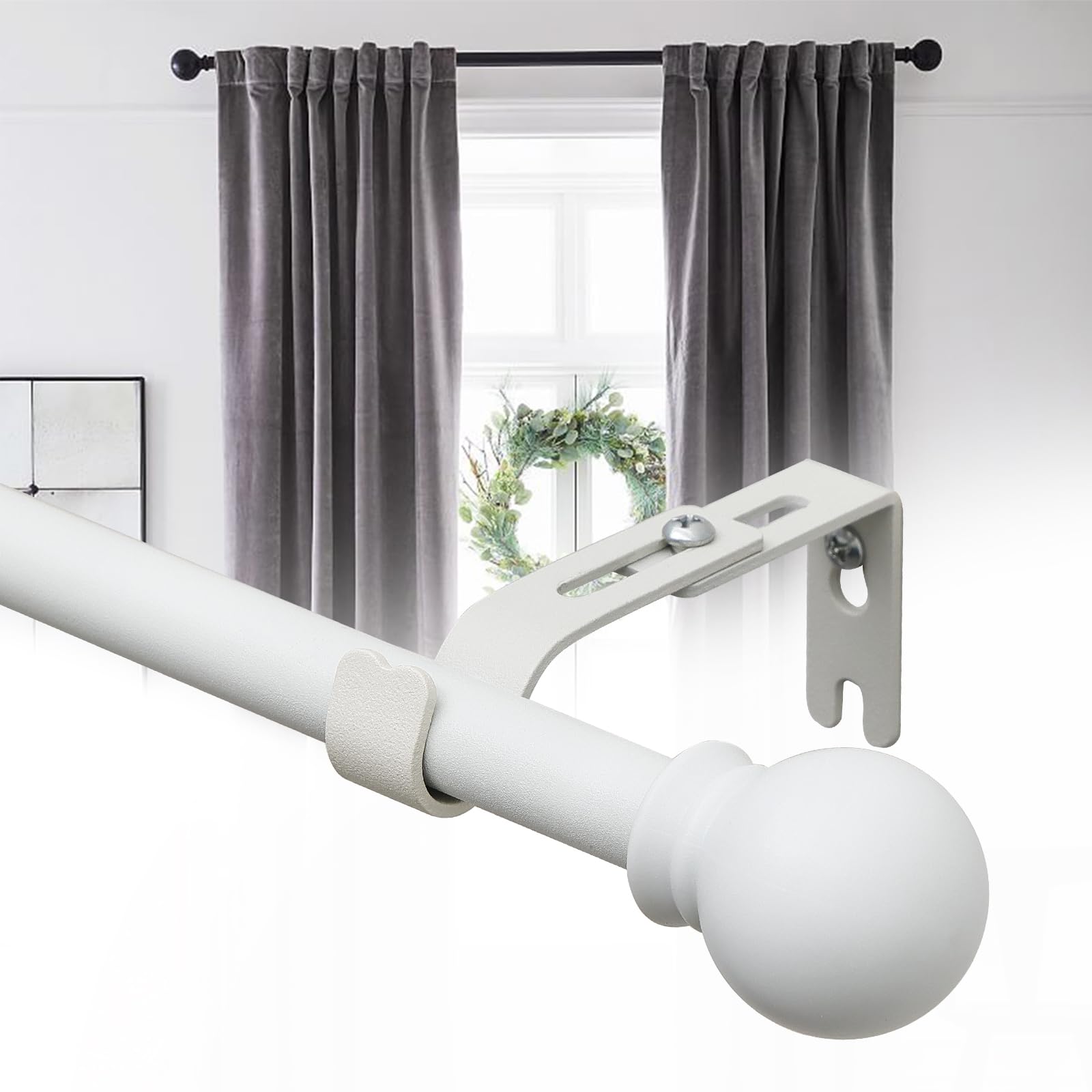 Adjustable 30-90 Inch Metal Curtain Rod with Round Finials - 5/8 Inch Matte White Drapery Rod for Bedroom, Living Room & Outdoor Patio - Wall Mounted Rust-Resistant Window Treatment for Home Decor