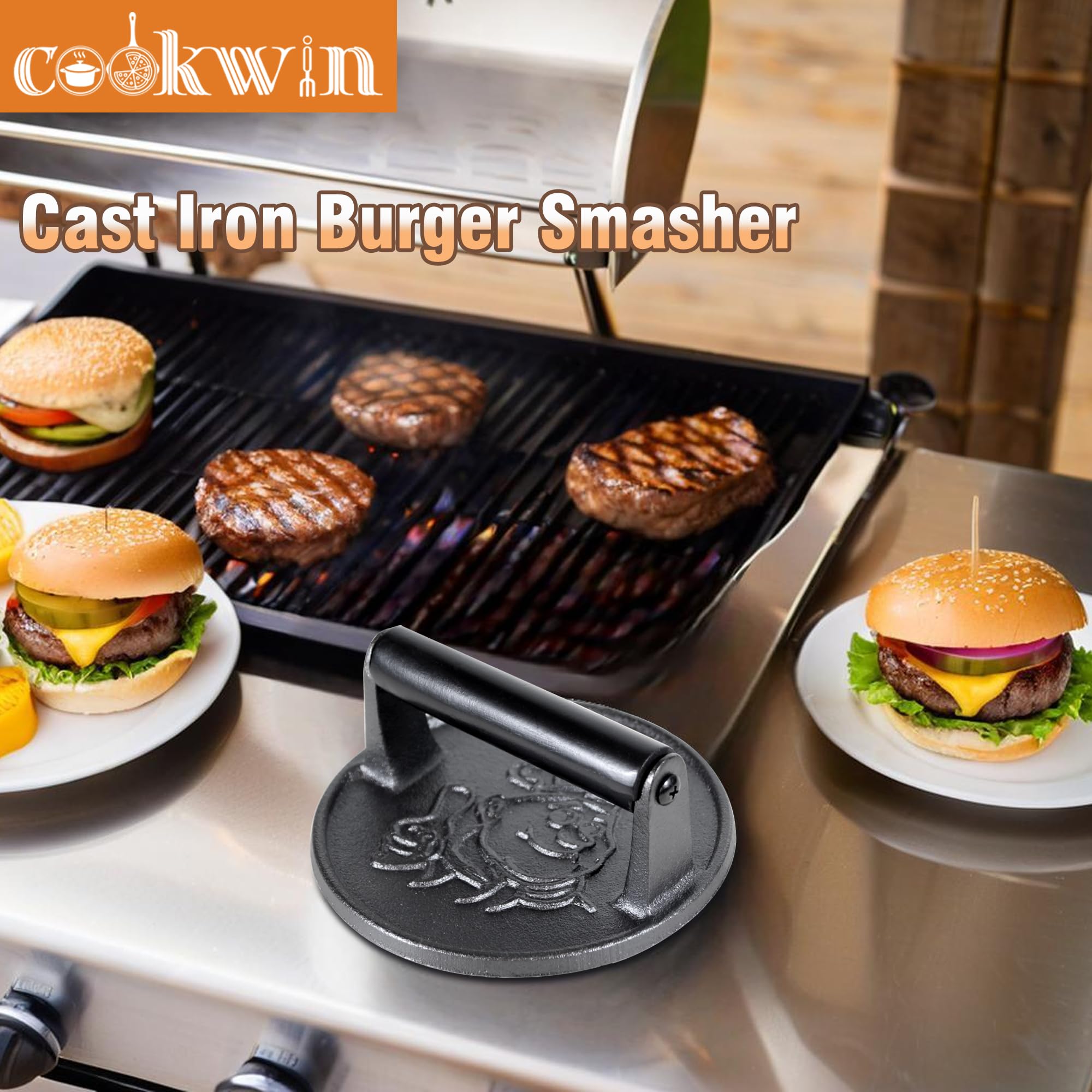 Heavy Duty 7 Inch Cast Iron Burger Press - Smash Burger, Bacon & Sandwich Press with Heat Insulation Handle - Round Hamburger Smasher for Griddle - Includes 50 PC Patty Papers (Perfect for Backyard BBQs, Diner-Style Burgers & Restaurant Cooking)