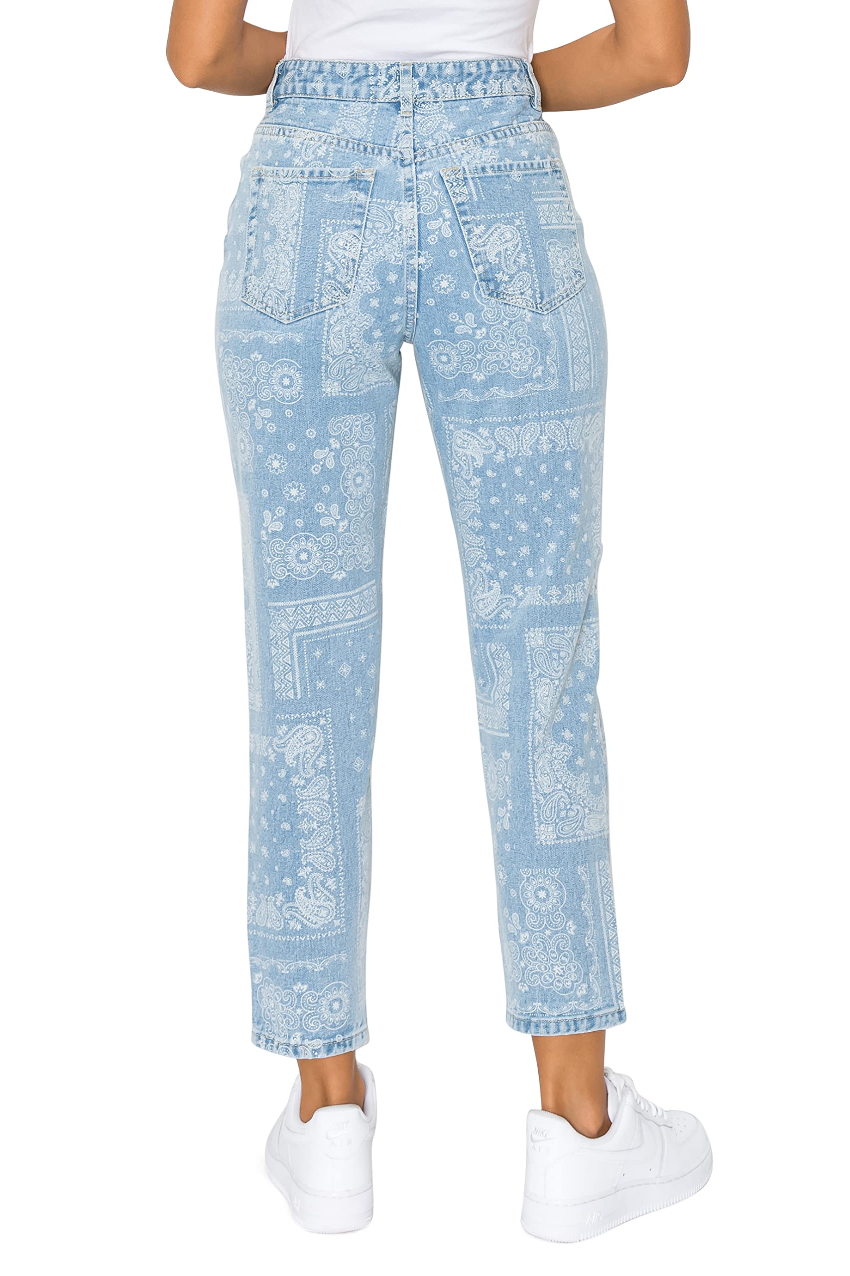 Stylish Women's High Waisted Mom Jeans - Khaki & Blue Vintage Print | Comfortable Stretch Denim for Casual Outfits, Weekend Wear & Retro Fashion