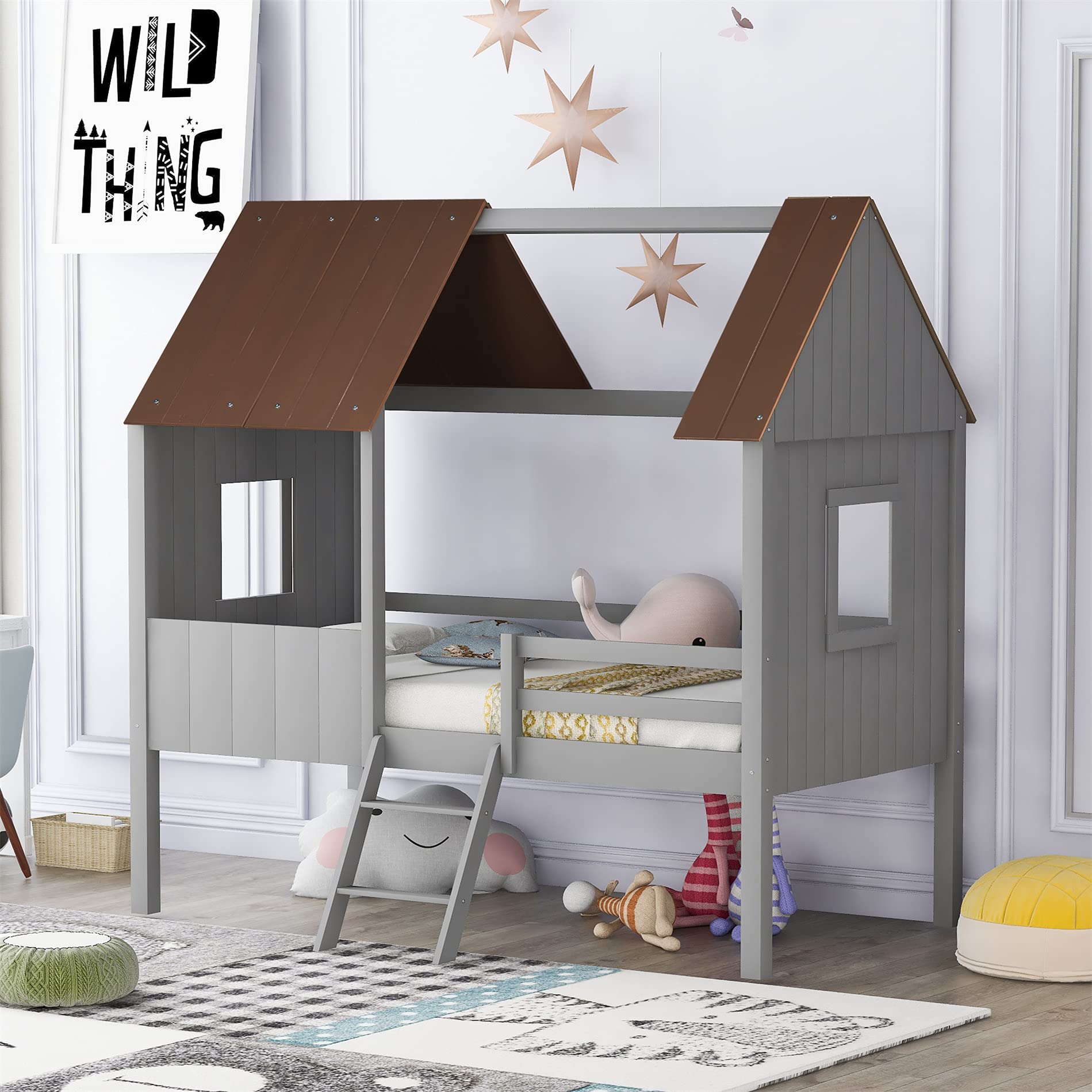 **Kids Twin Size Low Loft House Bed with Roof & Full-Length Safety Rails - Toddler Bed with Ladder for Boys & Girls (Antique Gray/Normal Gray) - Perfect for Bedrooms, Playrooms & Sleepovers**