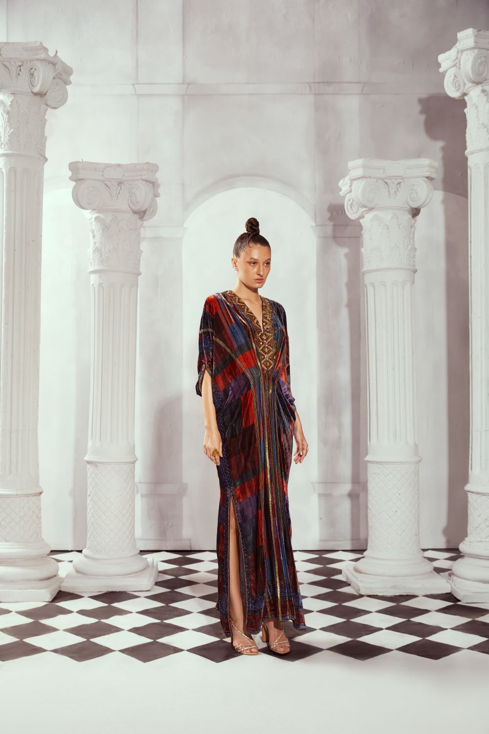 Stylish Tangerine Tile Print Kaftan with Exquisite Baroque Hand Embroidery - Perfect for Beach Cover-ups, Summer Vacations & Boho Fashion