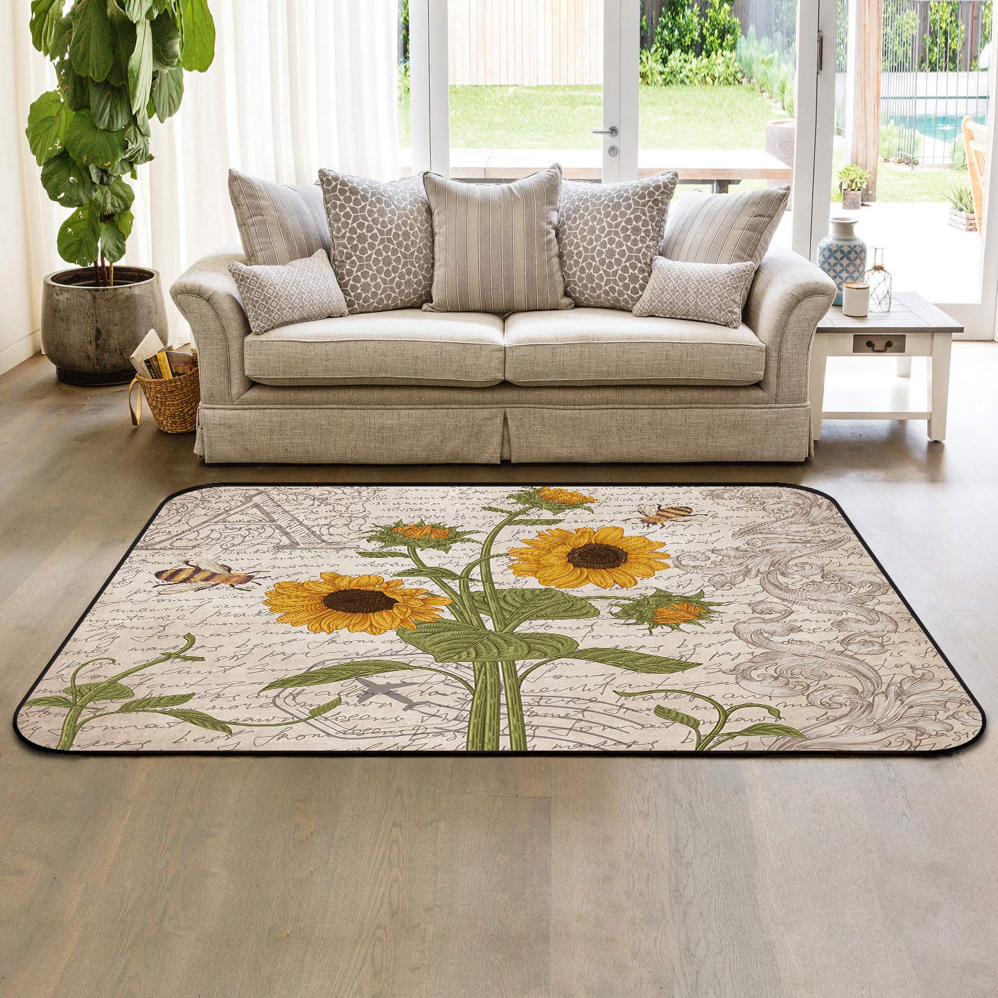 2' x 3' Modern Floral Vintage Throw Rug - Blooming Sunflowers & Bee Design - Soft Nursery Carpet for Kids Room - Indoor/Outdoor Area Rug for Living Room, Bedroom, Nursery - Perfect for Home Decor & Cozy Floor Covering