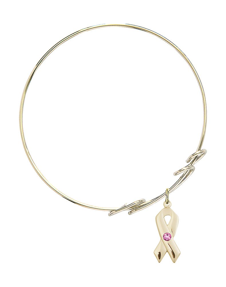 8 Inch Round Double Loop Bangle Bracelet with Cancer Awareness Charm & Rose Crystal - Elegant Jewelry for Women, Gift for Survivors, Support Awareness Events