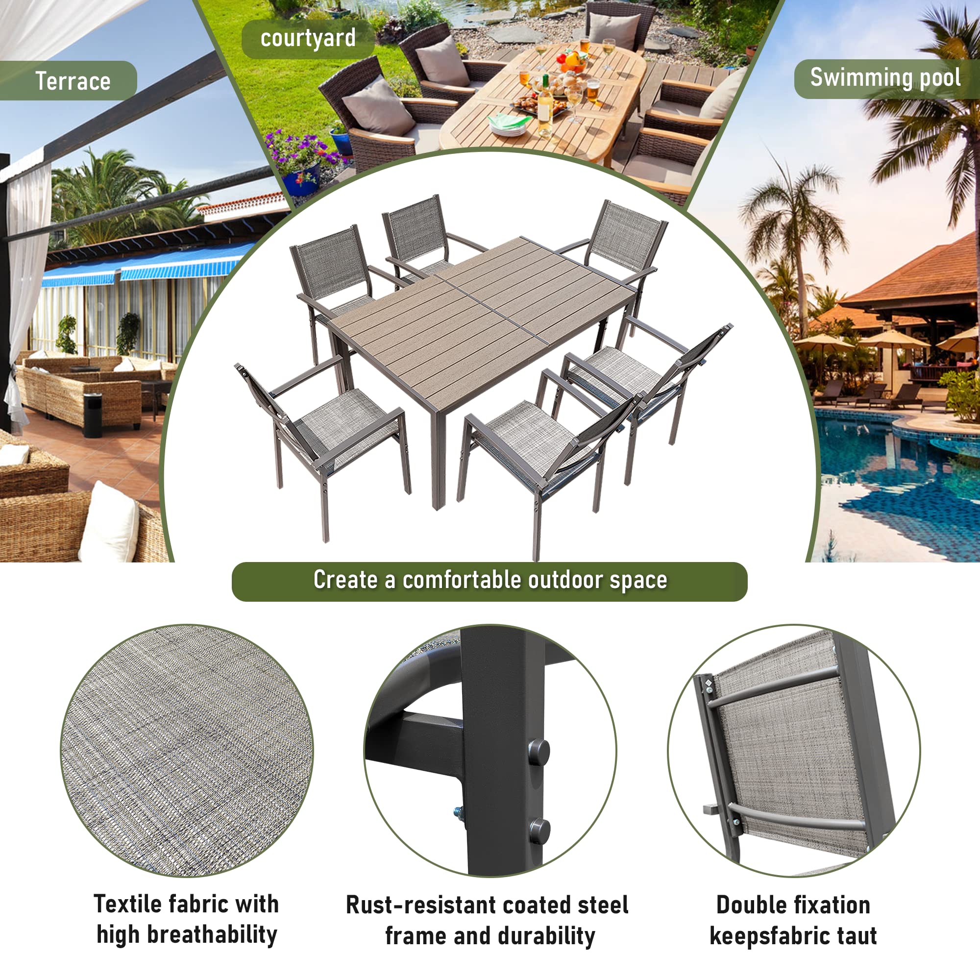 Rankok 7-Piece Patio Dining Set - Outdoor Furniture with Weather-Resistant Table & 6 Stackable Textilene Chairs for Garden, Yard, Poolside - Perfect for Backyard BBQs, Outdoor Entertaining & Relaxation (Gray)