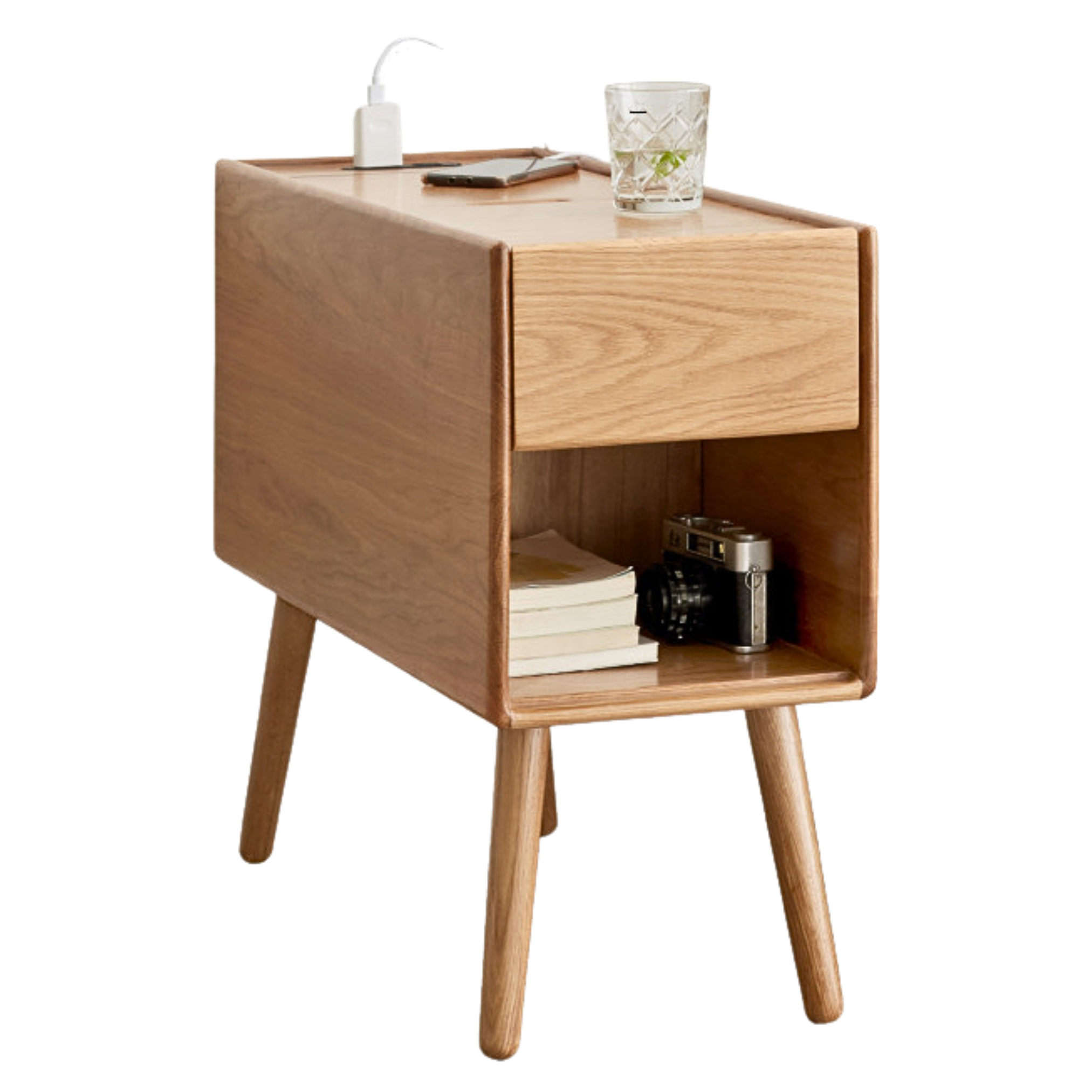 Solid Oak Narrow Side Table with Flip Door Storage - Rustic Wood End Table for Living Room, Bedroom & Entryway - Compact Console Cabinet for Small Spaces