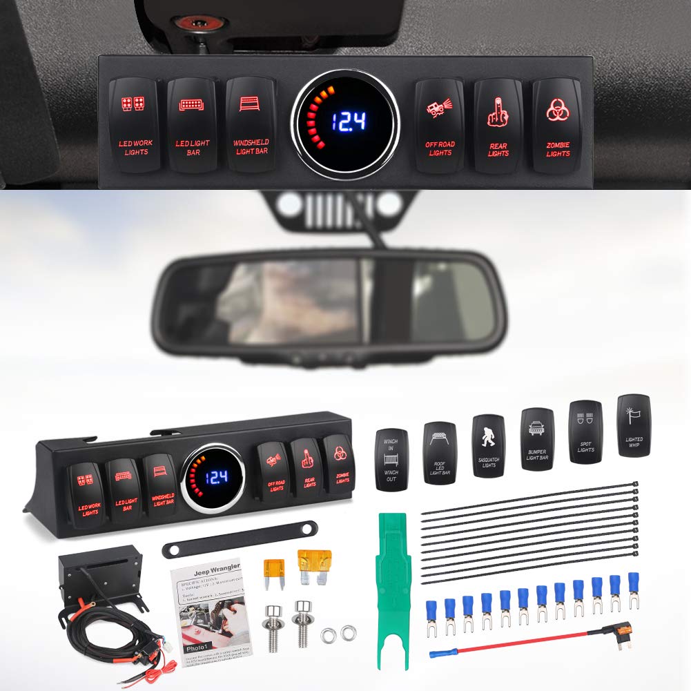 **WATERWICH 6-Switch Pod Toggle Switch Panel with Wiring Harness Kit – Overhead & Source Control System for Jeep Wrangler – Includes 12 Switch Covers & Clip Remover (Red) – Perfect for Off-Road, Overlanding & Custom Jeep Mods**