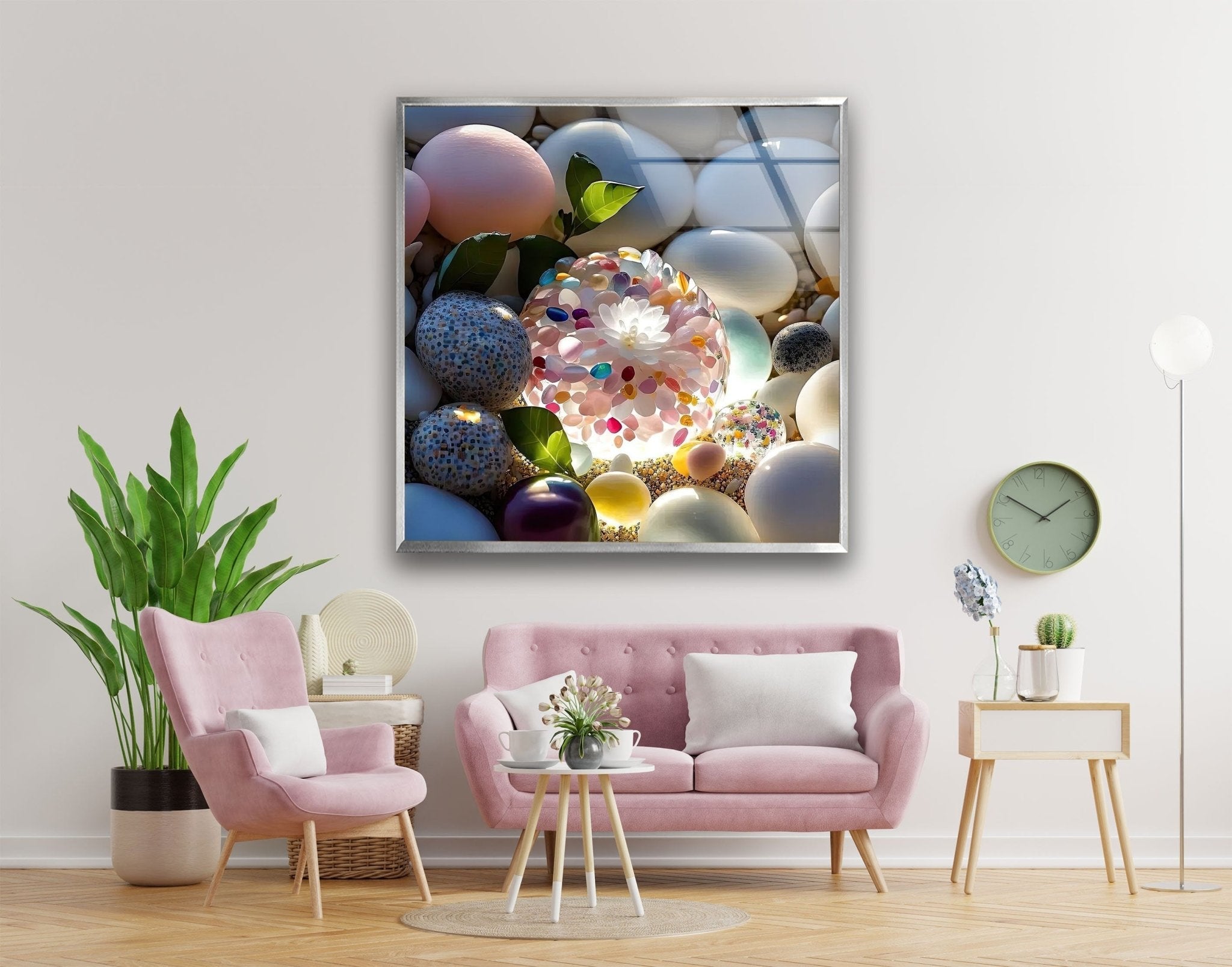 Natural Beach Stones Glass Wall Art - Handcrafted Coastal Decor for Living Room, Bedroom & Bathroom - Perfect for Beach House, Ocean Theme & Zen Decor