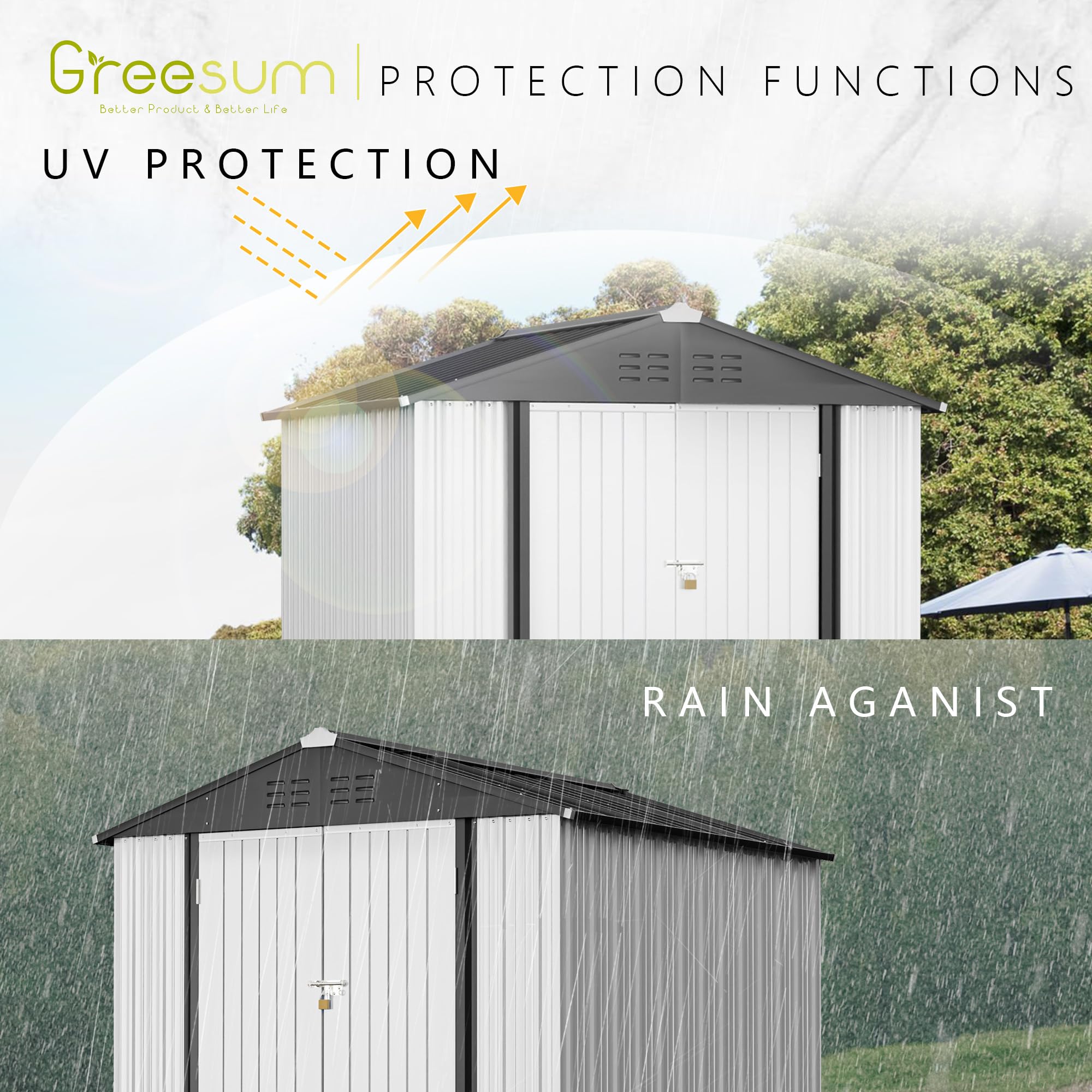 Greesum 6x4 ft Outdoor Storage Shed - Metal Utility Tool & Garden Shed with Secure Door Lock - Weatherproof Patio Storage Solution for Backyard, Lawn Equipment & Gardening Tools (White)