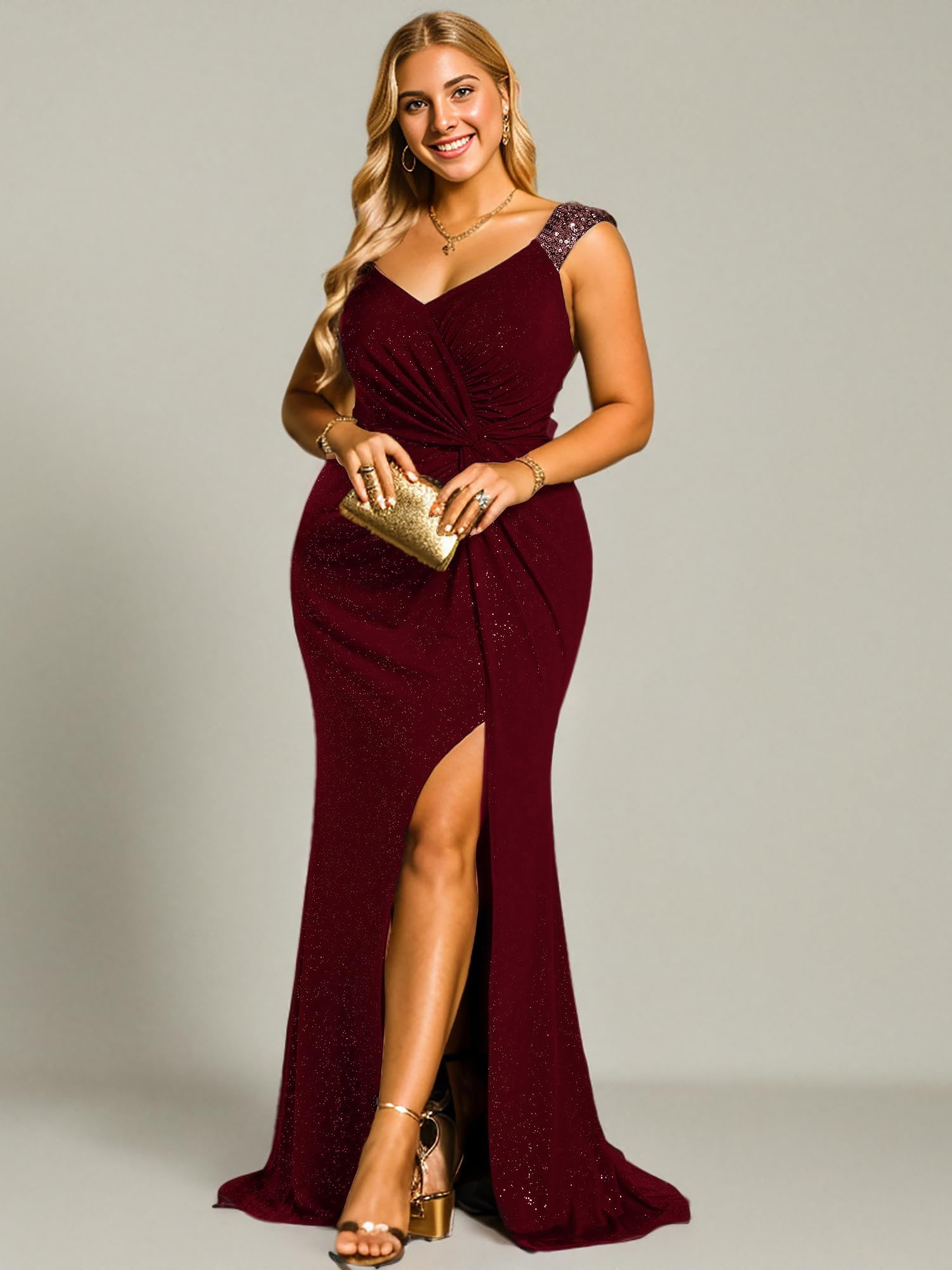 Ever-Pretty Plus Size V-Neck Glitter Bodycon Evening Dress with High Slit - Formal Ball Gown for Curvy Women 01888-DA | Perfect for Prom, Homecoming, Black Tie Events & Special Occasions