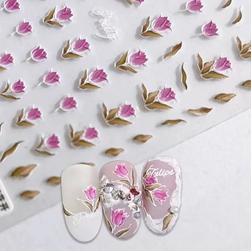 Tulip Nail Art Stickers - Floral Nail Decals for Spring, Embossed Flower Nail Stickers (3 Sheets) | Perfect for DIY Manicures, Nail Salon Decorations & Spring Nail Designs