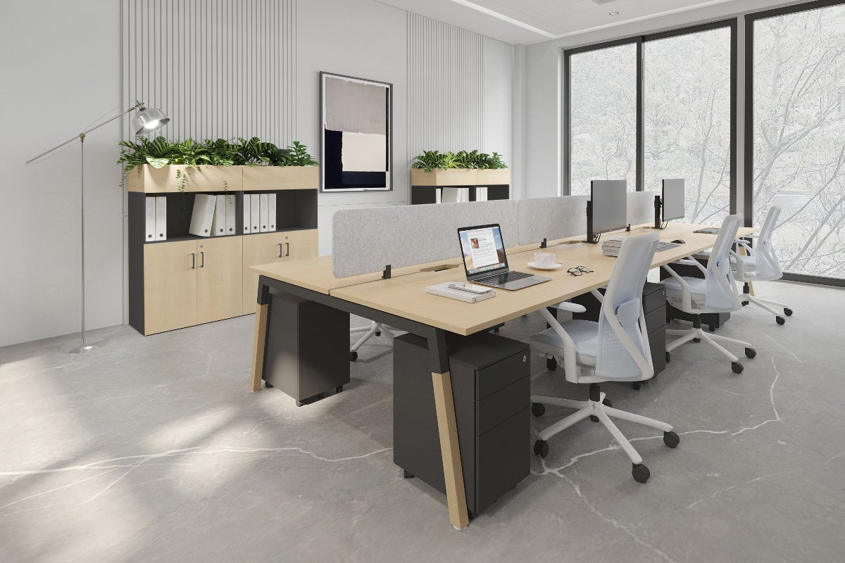6-Person Office Workstation with Quadro A Legs & Wood Cross Beam - 1200L x 800W Cable Management Desk for Collaborative Workspaces
