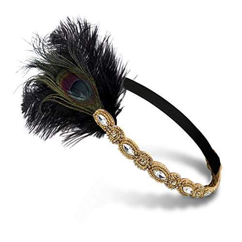 1920s Flapper Headband - Great Gatsby Rhinestone Headpiece with Peacock Feather - Vintage Jewel Hair Accessories for Women - Perfect for Costume Parties, Themed Events & Roaring 20s Dances