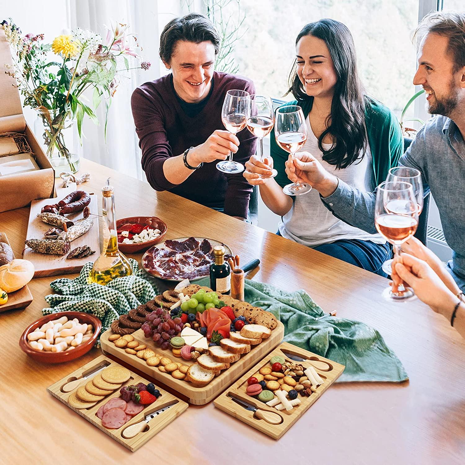 2-Piece Bamboo Cheese Board Set - 13 Inch Natural Wood Charcuterie Platter for Serving Cheese, Fruits & Charcuterie - Perfect for Parties, Picnics & Entertaining