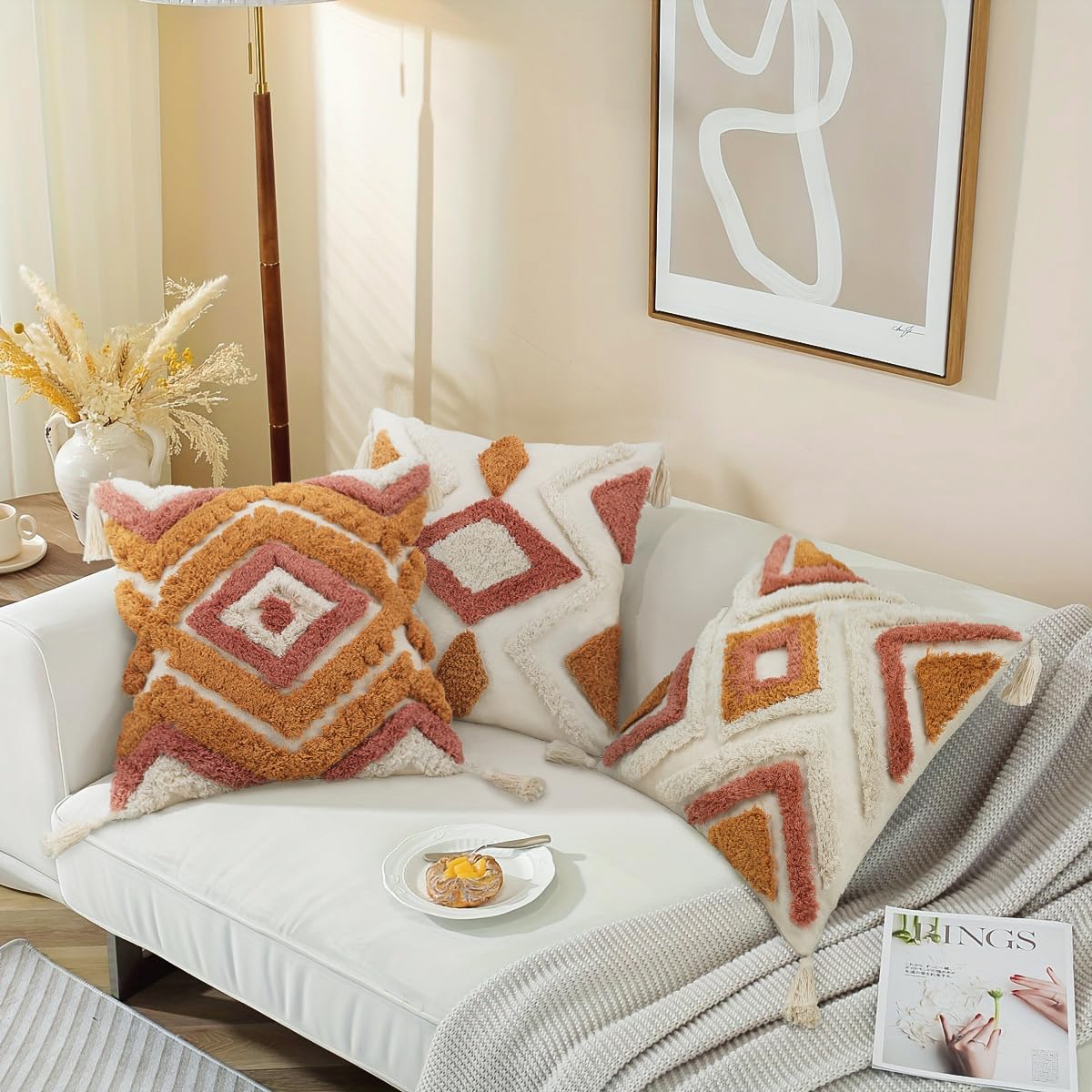 Bohemian Throw Pillow Covers 20x20 Inch - Woven Tufted Decorative Cushion Covers with Tassels for Sofa, Couch, Bed & Living Room - Perfect for Boho Home Decor, Cozy Reading Nook and Lounge Area