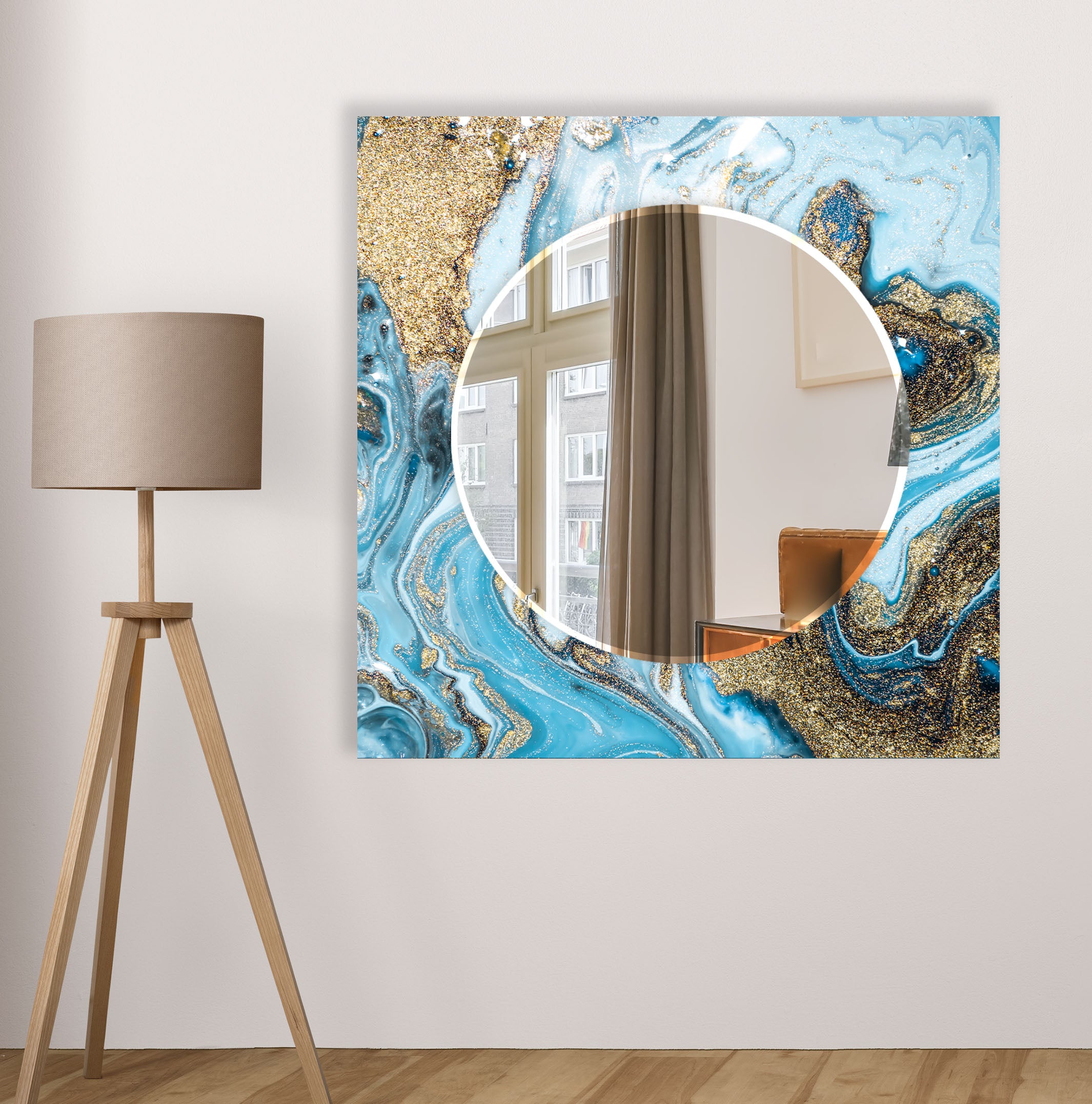 Blue & Gold Marble Glass Wall Mirror - Modern Glam Accent Decor for Living Room, Bedroom & Bathroom | Elegant Home Decoration & Vanity Mirror