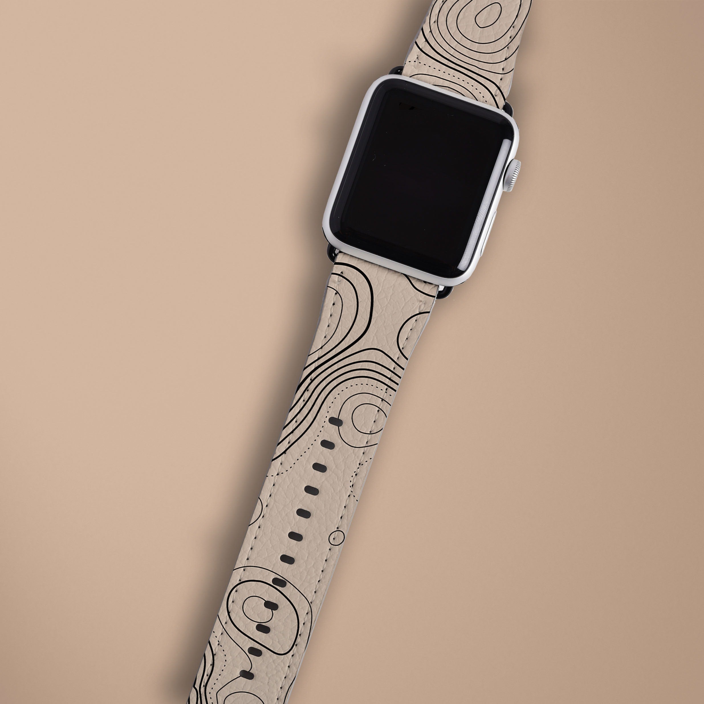 Topographic Watch Band - Beige Genuine Leather Strap for Men & Women - Perfect for Hiking, Outdoor Adventures & Everyday Wear