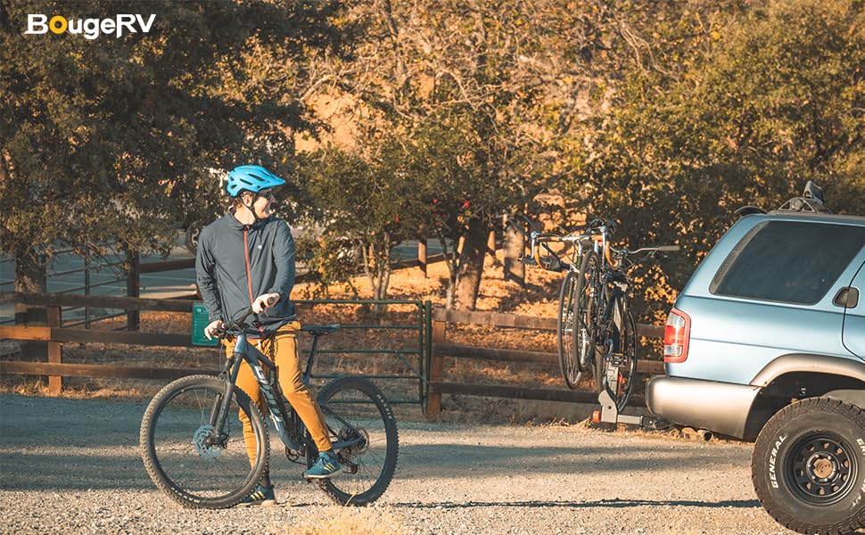 BougeRV 2.0 Hitch Bike Rack for SUV & Truck - 165LB Capacity, 2-3 Bikes Carrier with 2'' Hitch Receiver | Dual Lock System, Easy Assembly, Tilting & Foldable Design | Perfect for Road Trips, Camping & Outdoor Adventures