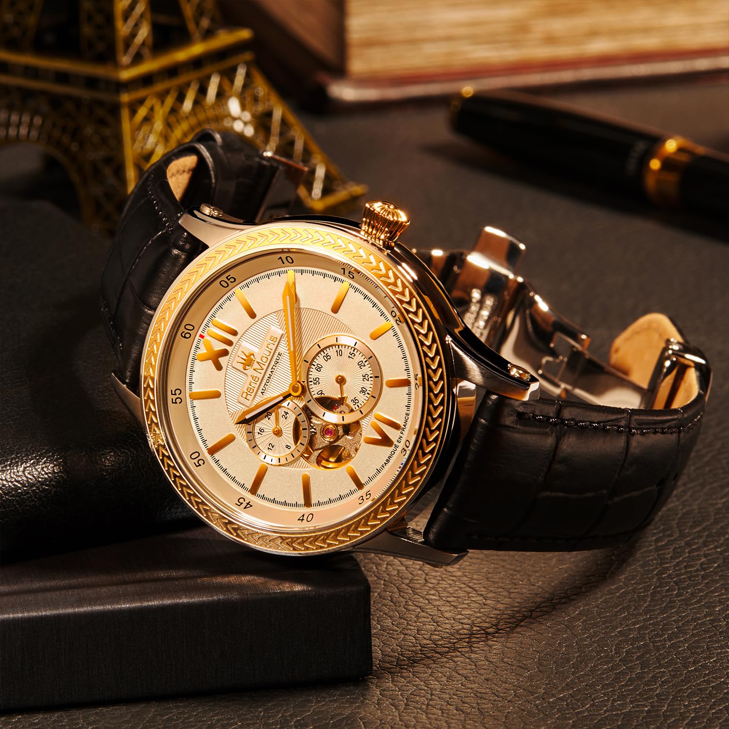 René Mouris Men's Automatic Watch - 44mm Stainless Steel Semi-Skeleton Design, Sapphire Coated Mineral Crystal, 100M Waterproof with Leather Strap - Perfect for Business, Casual Wear & Outdoor Activities