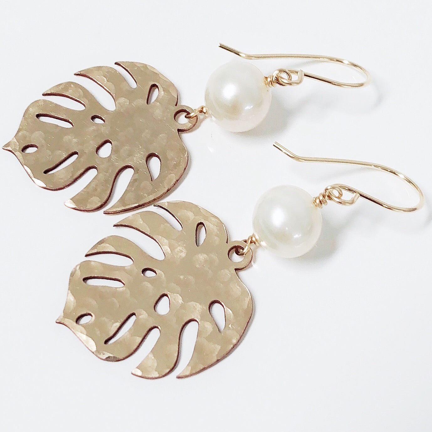 Monstera Dangle Earrings with White Pearl Accents (E560) - Elegant Boho Jewelry for Women, Perfect for Parties, Weddings & Everyday Wear