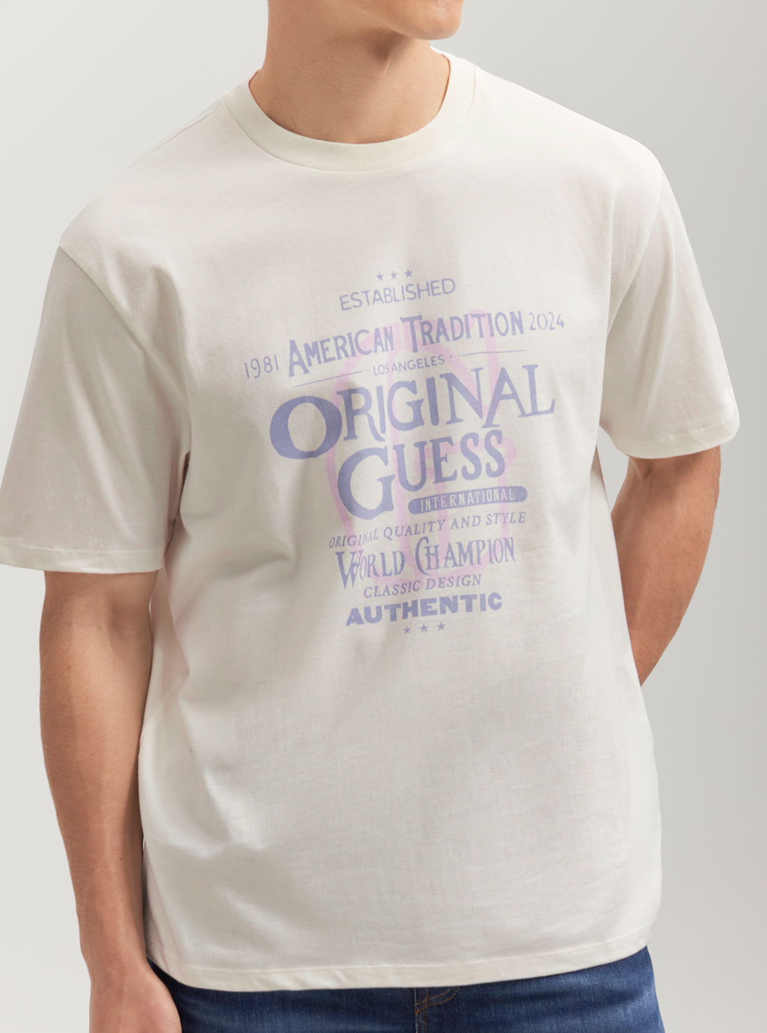 Guess Originals Beige Collegiate T-Shirt for Men | Vintage-Inspired Cotton Tee | Casual & Streetwear Style | Perfect for College, Outings & Everyday Wear