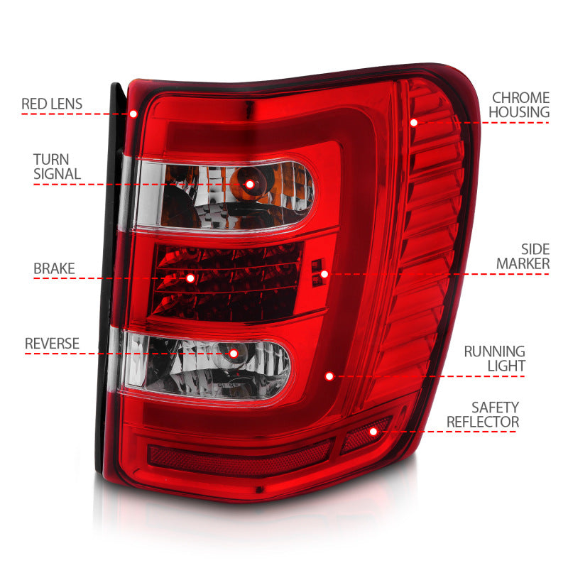 Anzo LED Tail Lights with Light Bars (Chrome/Red) for 1999-2004 Jeep Grand Cherokee - Enhanced Visibility & Style for Night Driving & Off-Road Adventures