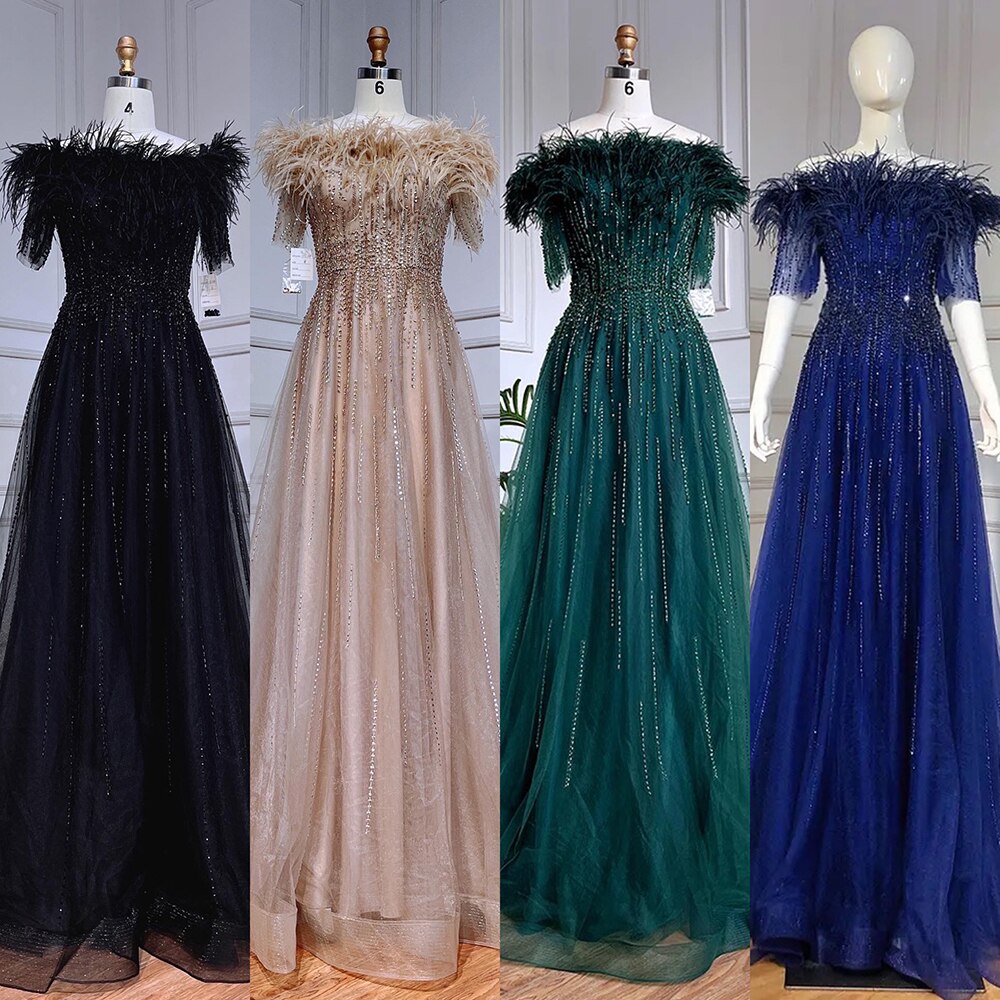 Serene Hill Blue Boat Neck Luxury Evening Dress Gown 2025 - Short Sleeve Beaded Feather A-Line Women's Party Gown LA71524 | Perfect for Prom, Cocktail Parties & Formal Events