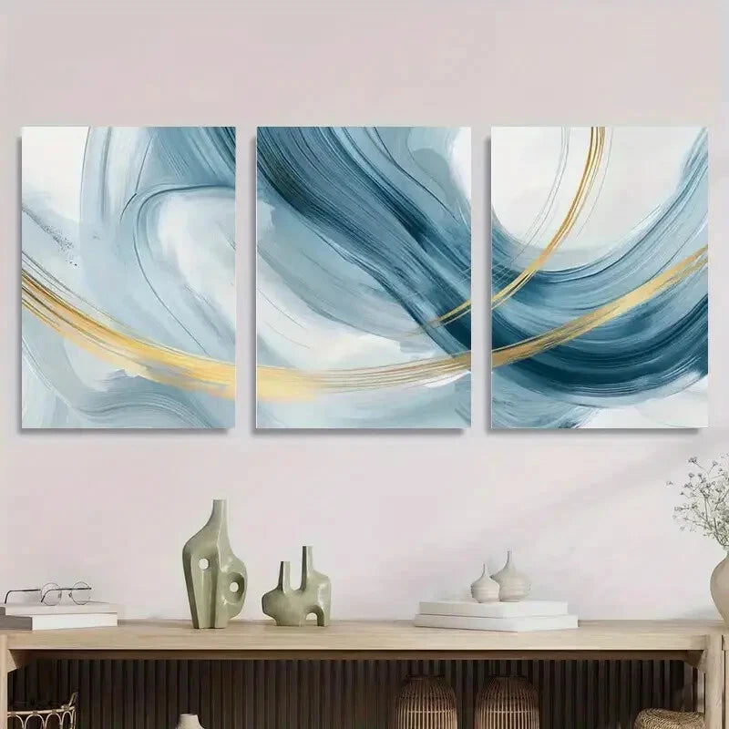 3-Piece Abstract Blue and Gold Swirl Metal Wall Art - Ready to Hang Canvas Prints for Living Room, Bedroom & Office Decor