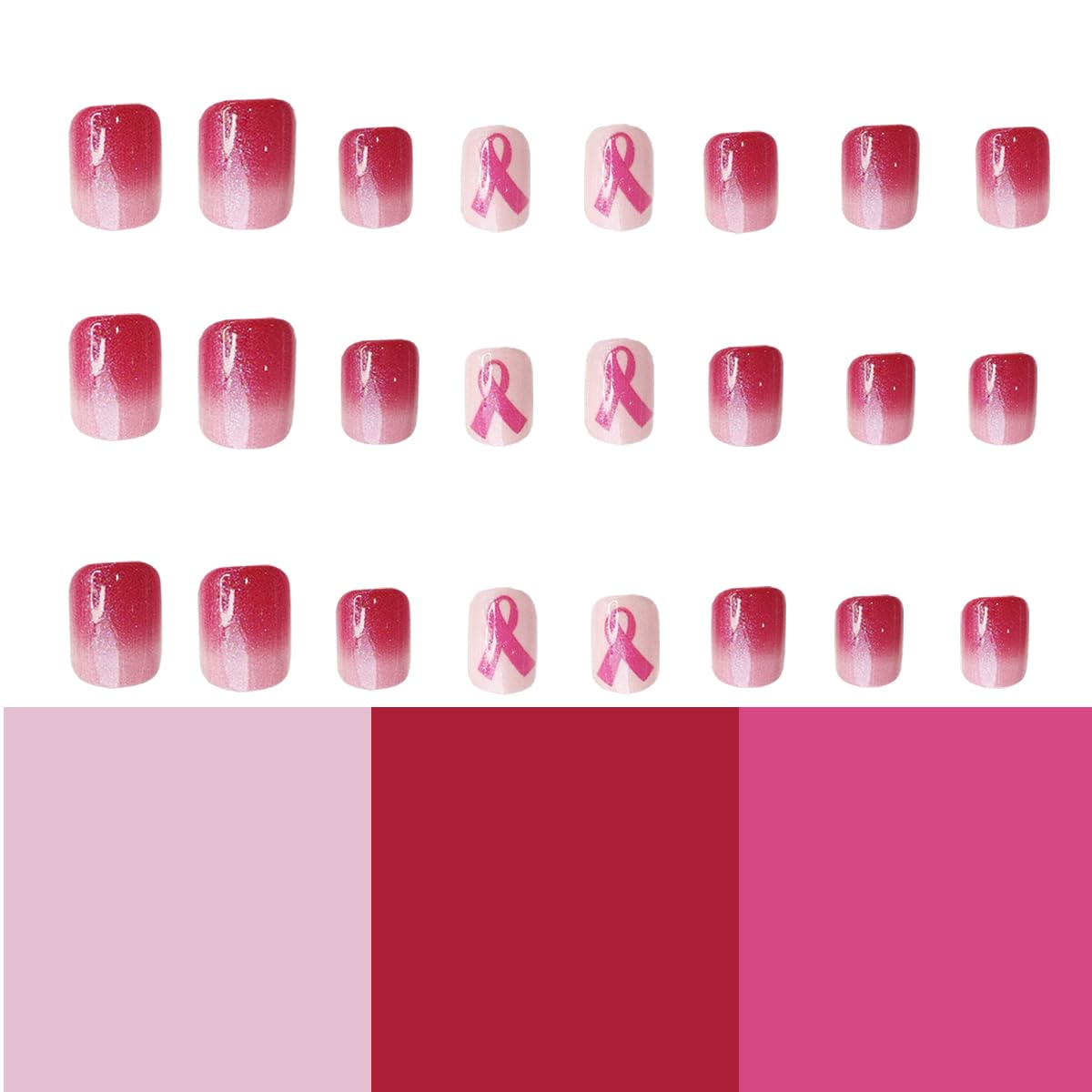 24 Pcs Pink Ribbon Press-On Nails - Short Square Fake Nails with Gradient Design, Breast Cancer Awareness Nail Art Set for Women & Girls | Perfect for Holidays, Fundraisers & Everyday Wear