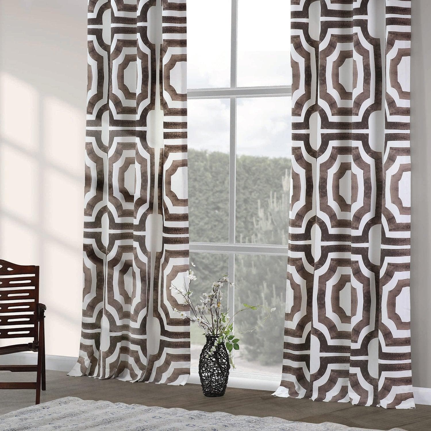 Mecca Brown Geometric Print Cotton Custom Curtains - Modern Window Treatment for Living Room, Bedroom & Office Decor