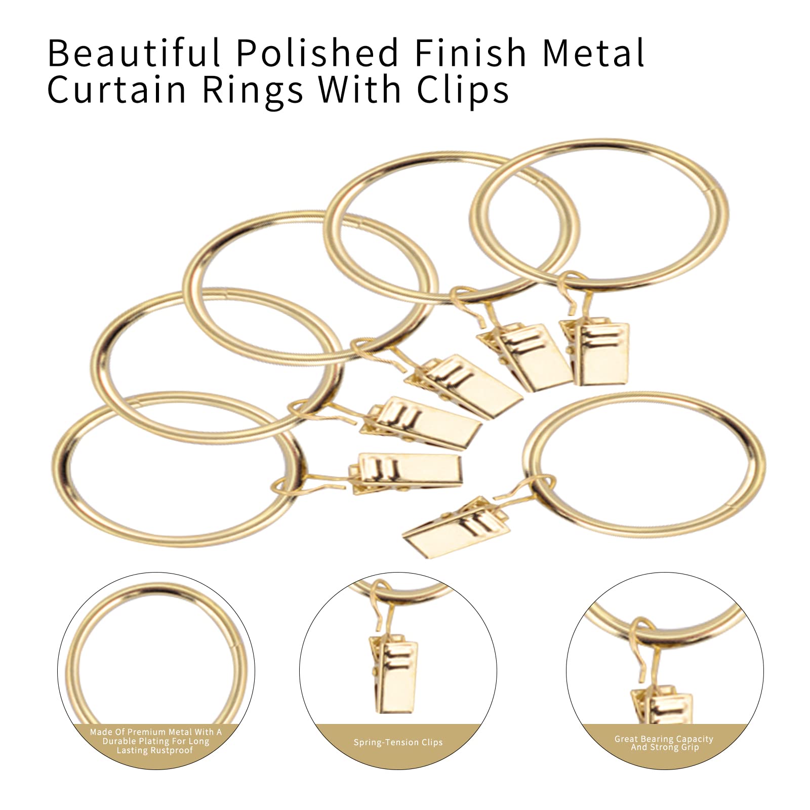 40 Pack 1.5 Inch Gold Metal Curtain Rings with Clips - Decorative Drapery Hanging Rings for Tension Rods, Bracket Eyelets & Window Treatments - Perfect for Living Room, Bedroom & Home Decor
