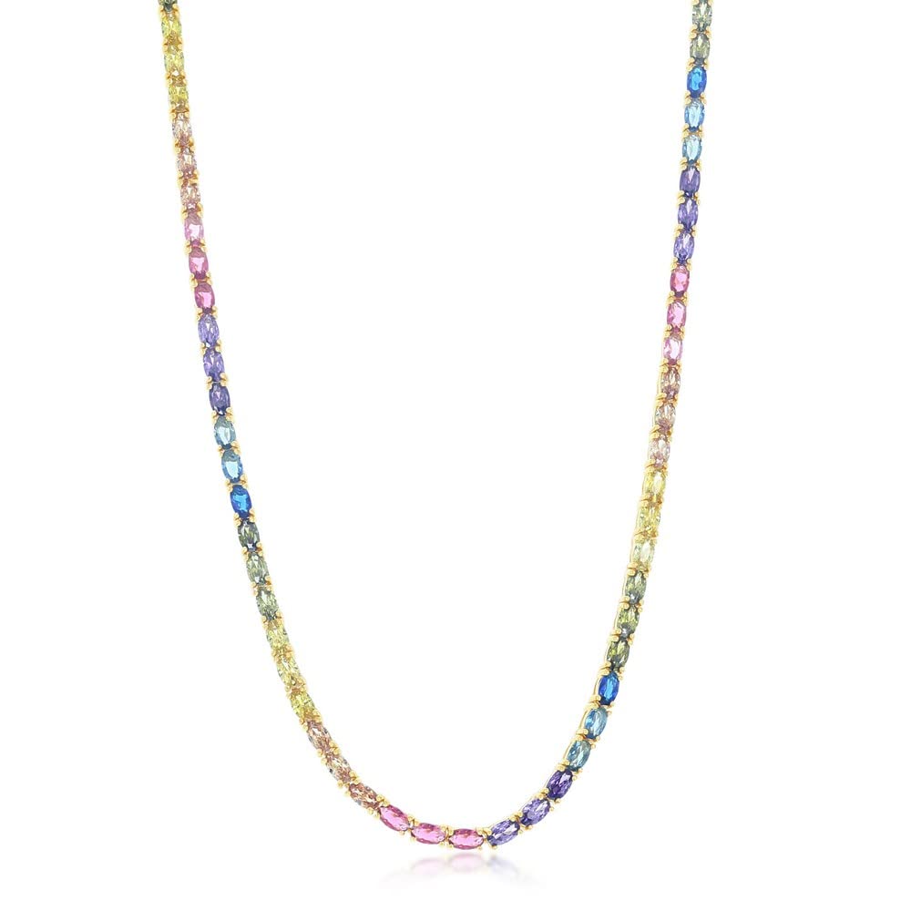 Rainbow Multicolor Sterling Silver Oval CZ Pendant Necklace 18
