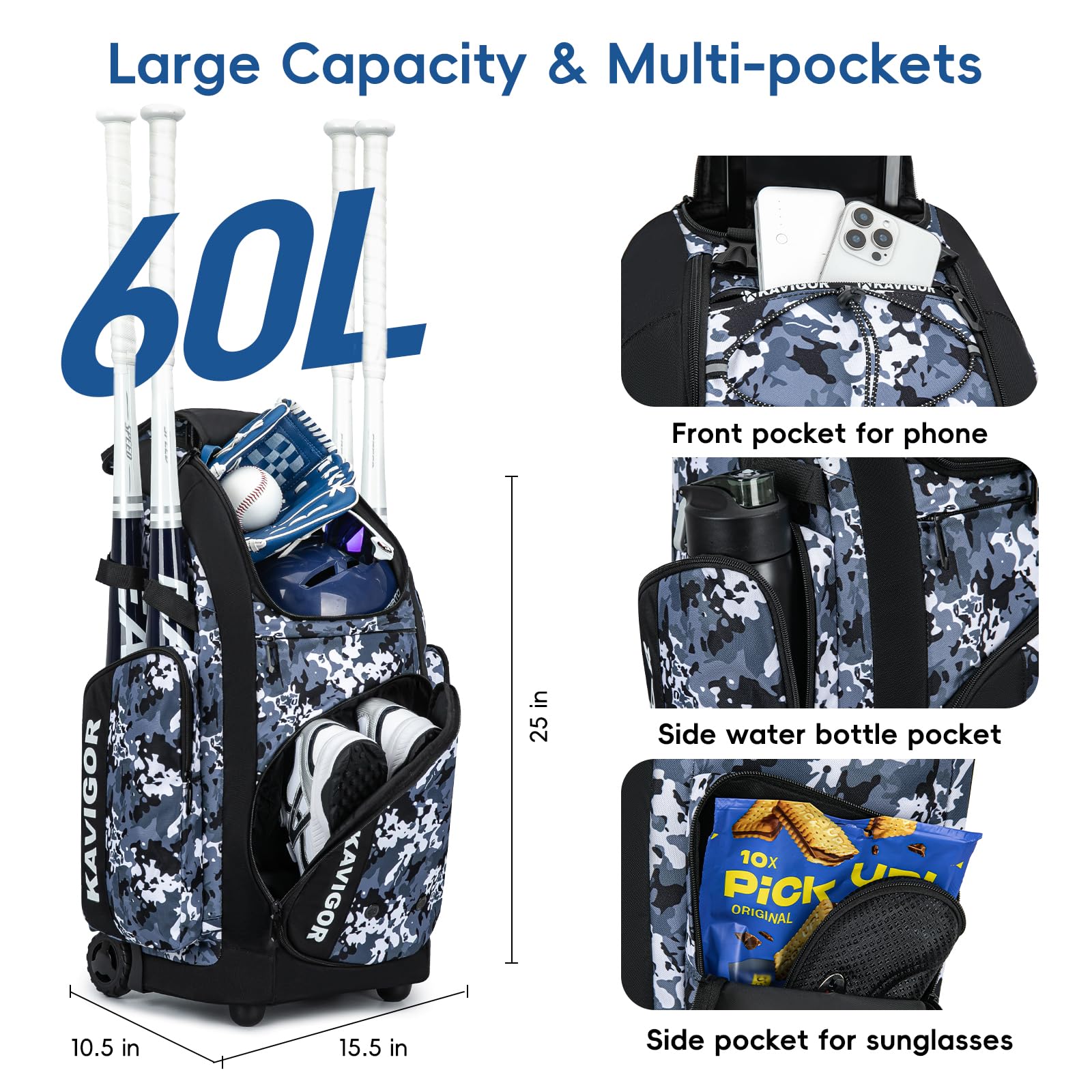 Rolling Baseball Bag with Wheels - 60L Large Capacity Softball Equipment Bag for Boys & Girls - Holds 4 Bats & Has Shoe Compartment - Perfect for Youth Baseball Games, Practice & Travel