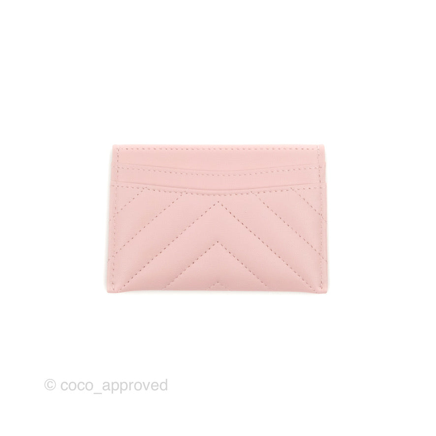 Chanel Chevron Classic Flat Card Holder in Pink Lambskin with Silver Hardware - Luxury Compact Wallet for Everyday Use & Gift Giving